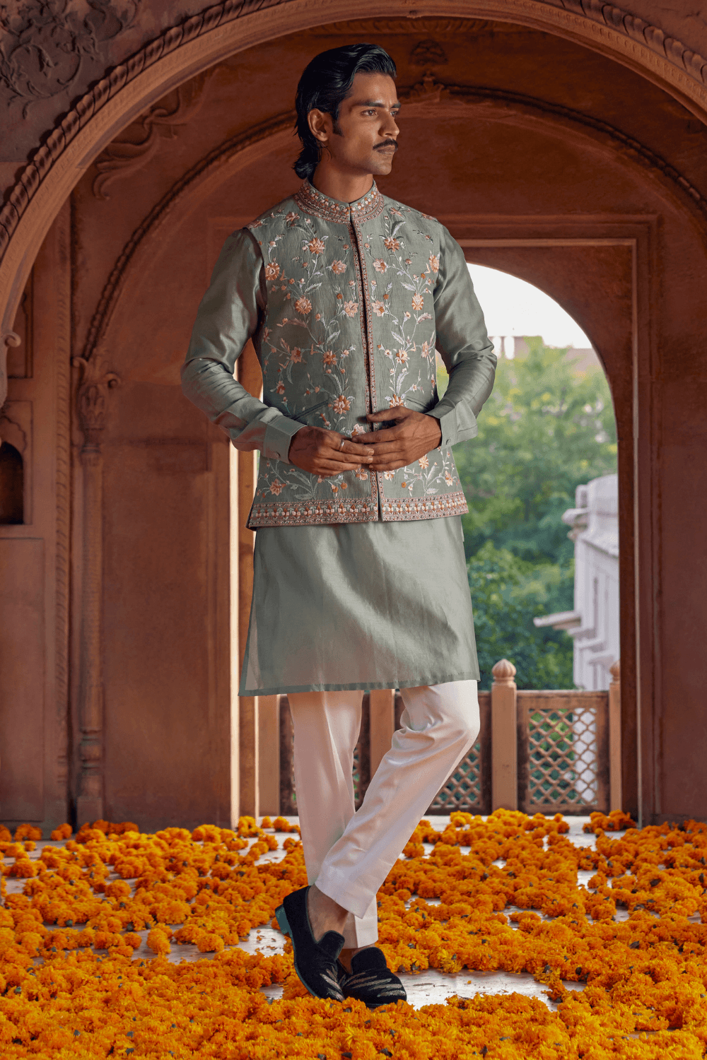 Pista Colour Nehru Jacket For Green Kurta Handmade Brocade Silk