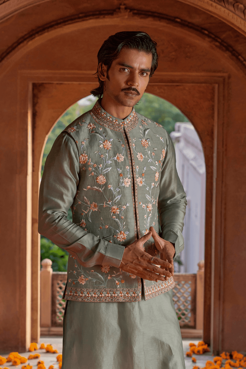 Naksh Sage Green Chanderi Nehru Jacket - Studio Bagechaa