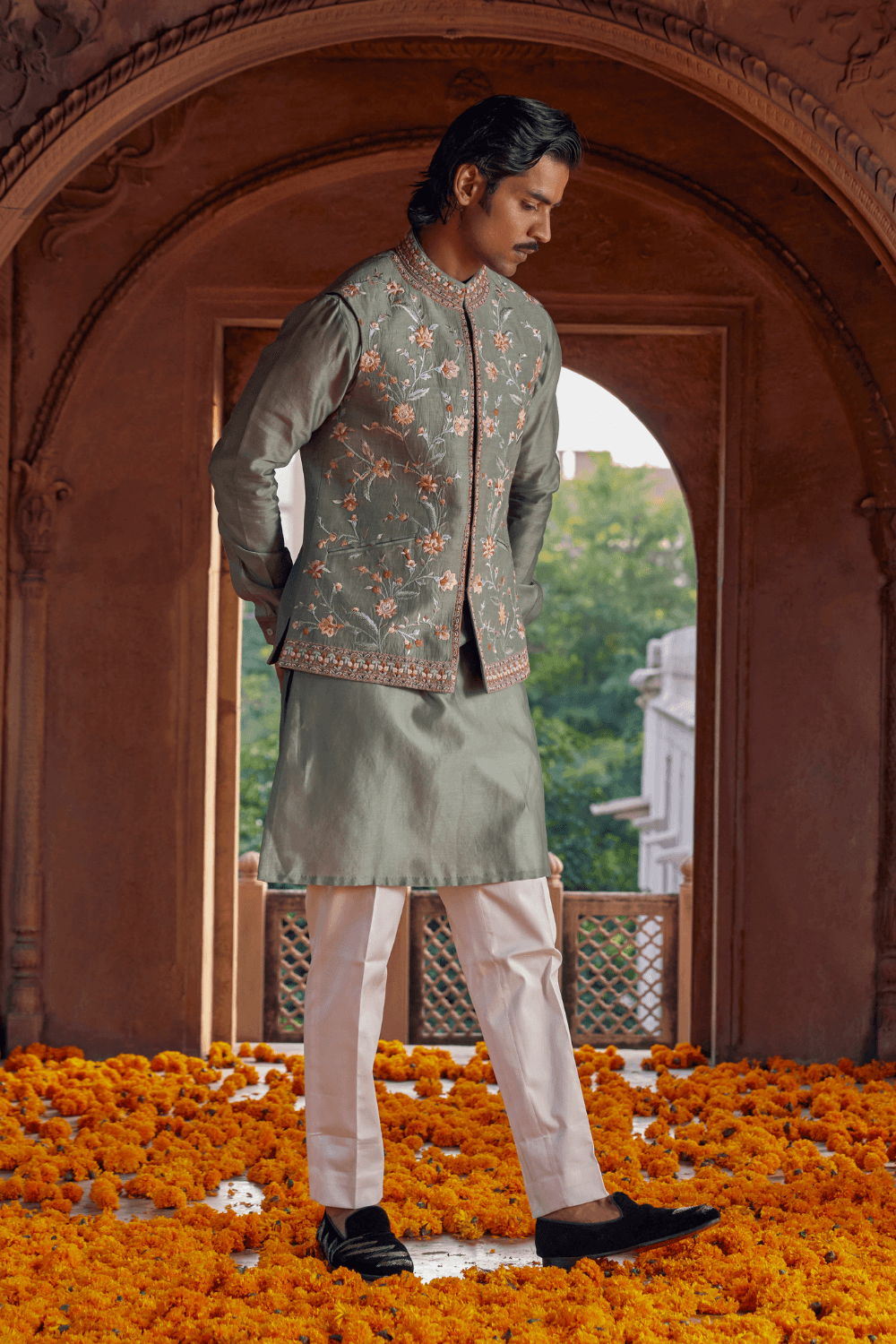 Naksh Sage Green Chanderi Nehru Jacket - Studio Bagechaa