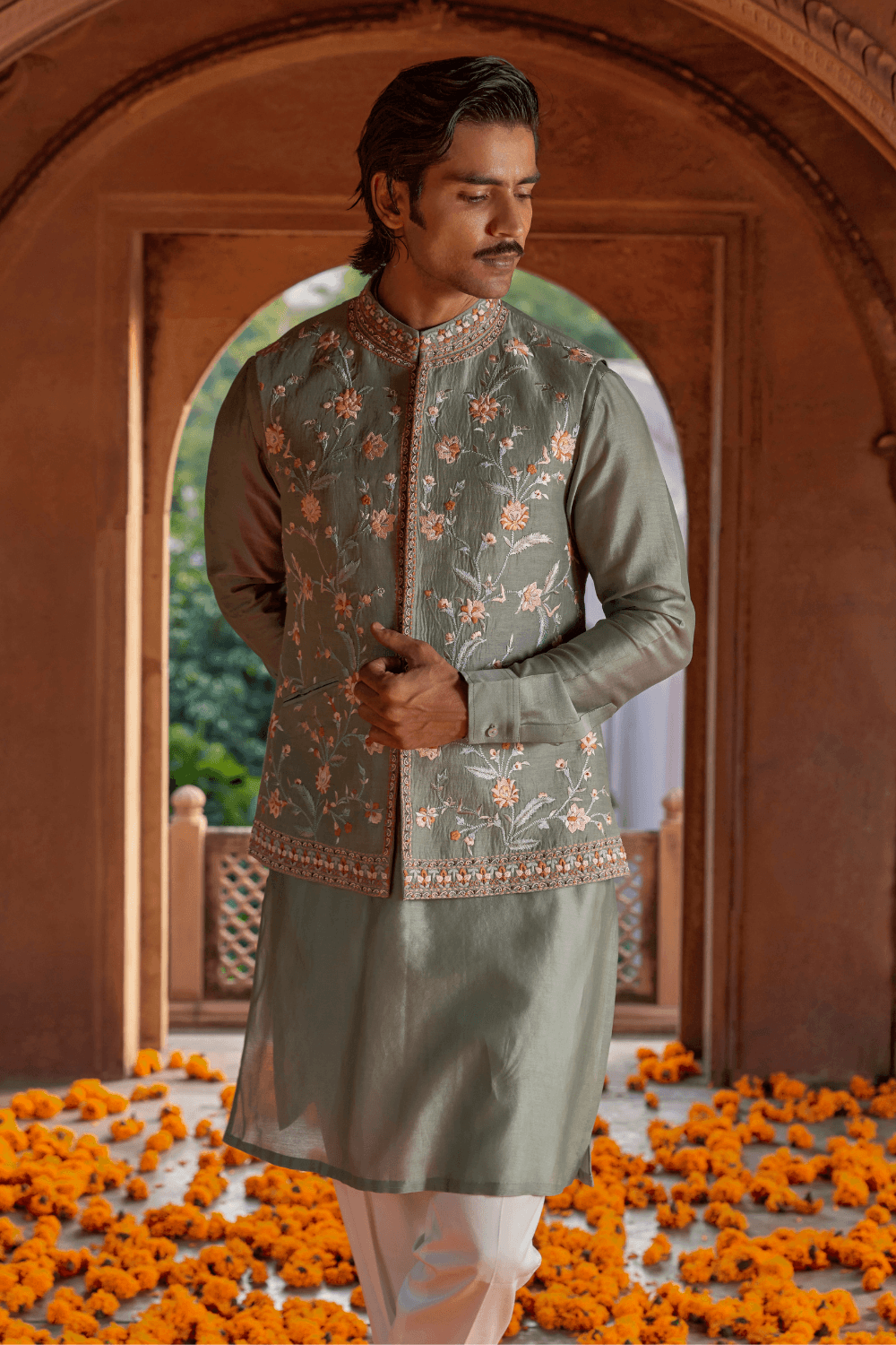 Naksh Sage Green Chanderi Nehru Jacket - Studio Bagechaa
