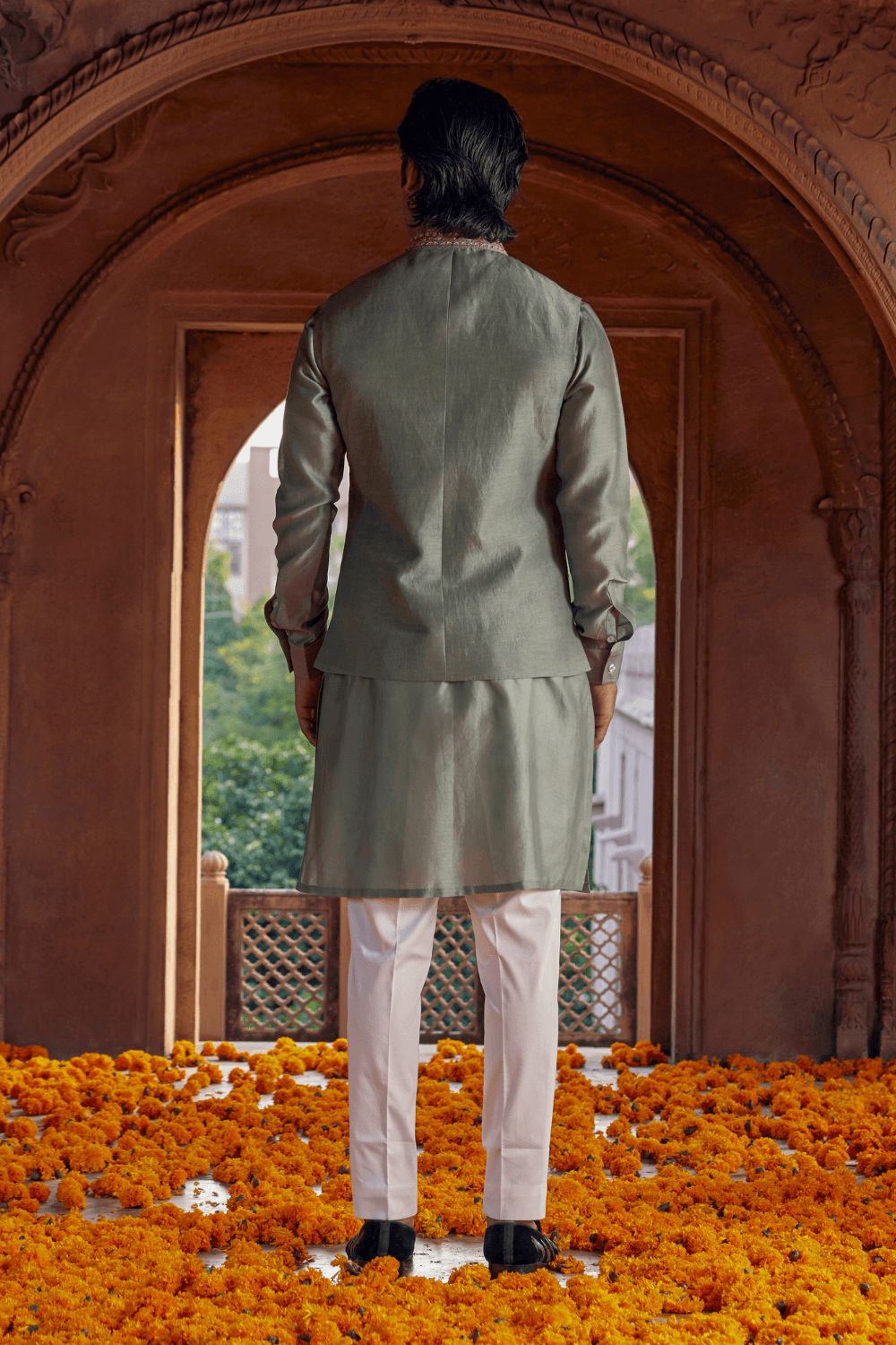 Naksh Sage Green Chanderi Nehru Jacket - Studio Bagechaa