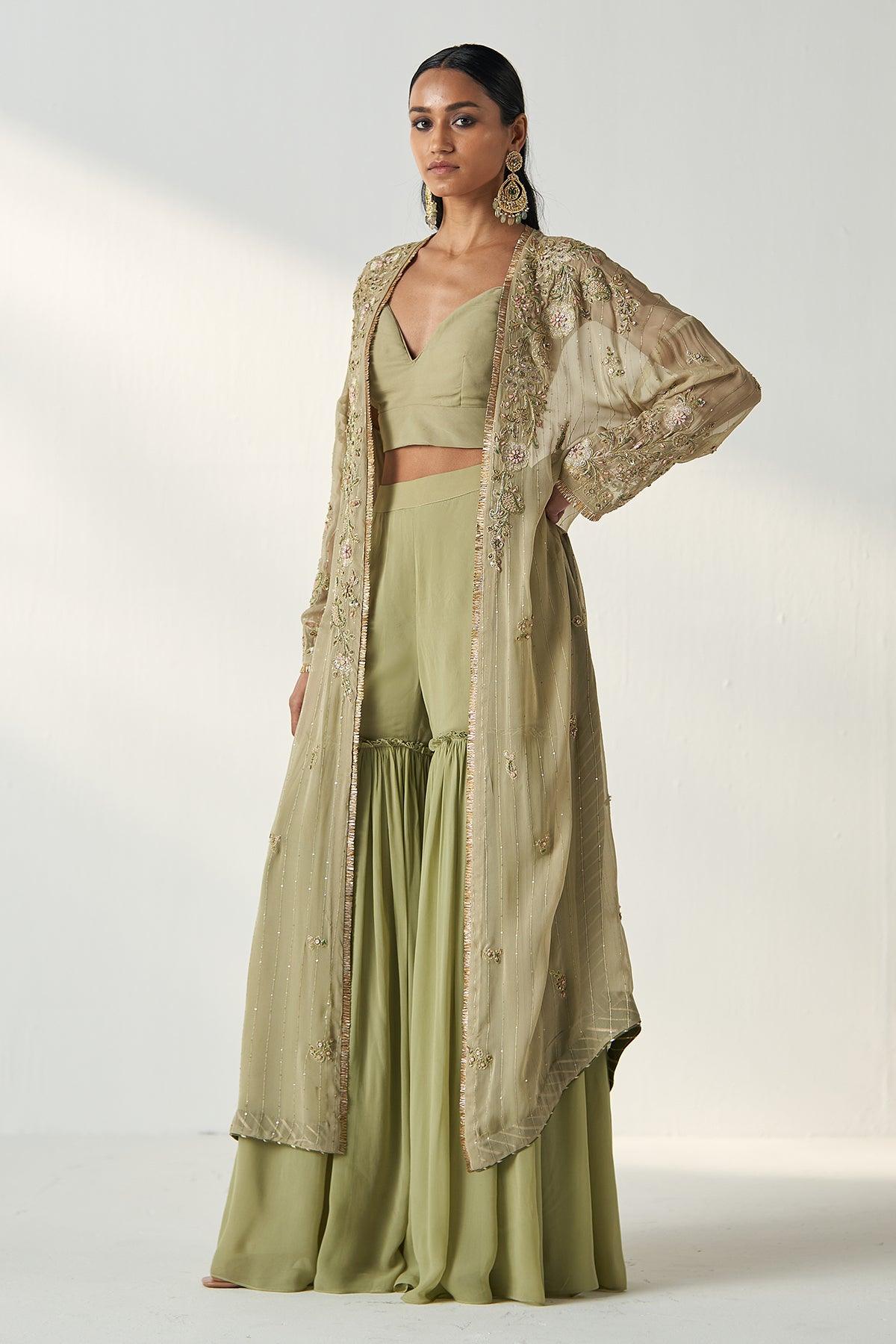 NISHA GREEN CAPE GHARARA SET - Studio Bagechaa
