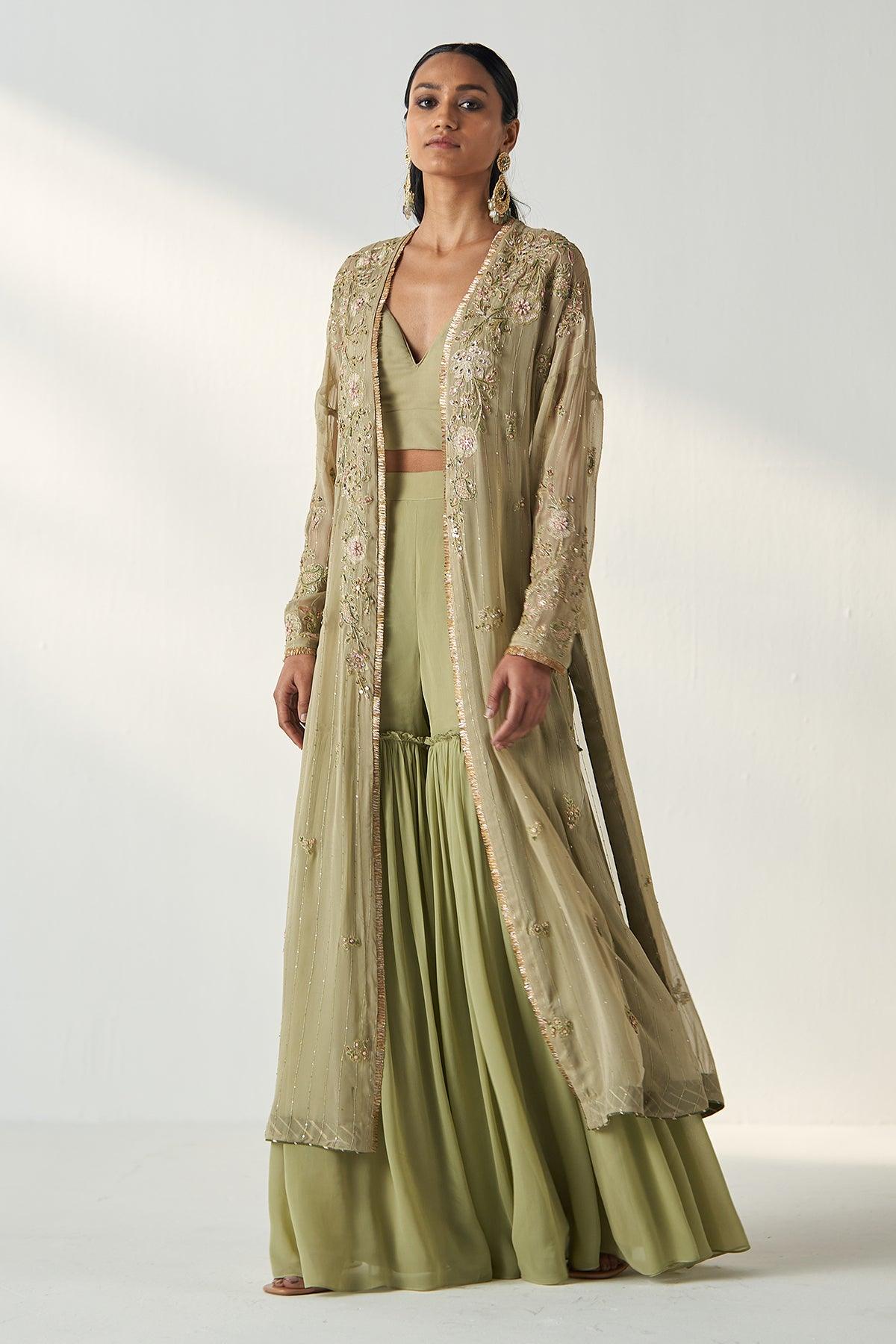 NISHA GREEN CAPE GHARARA SET - Studio Bagechaa