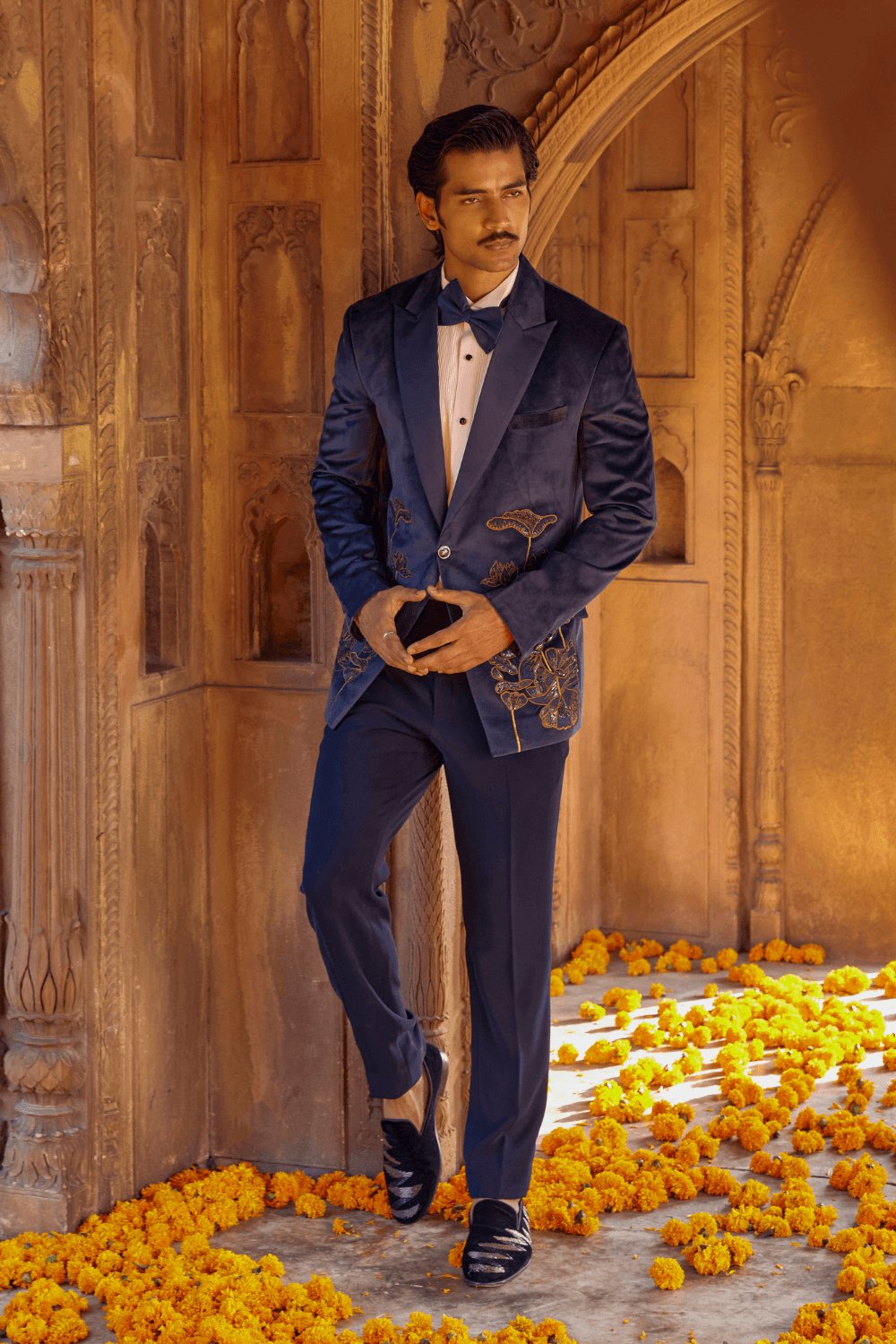 Orient Blue Navy Chanderi Tuxedo - Studio Bagechaa