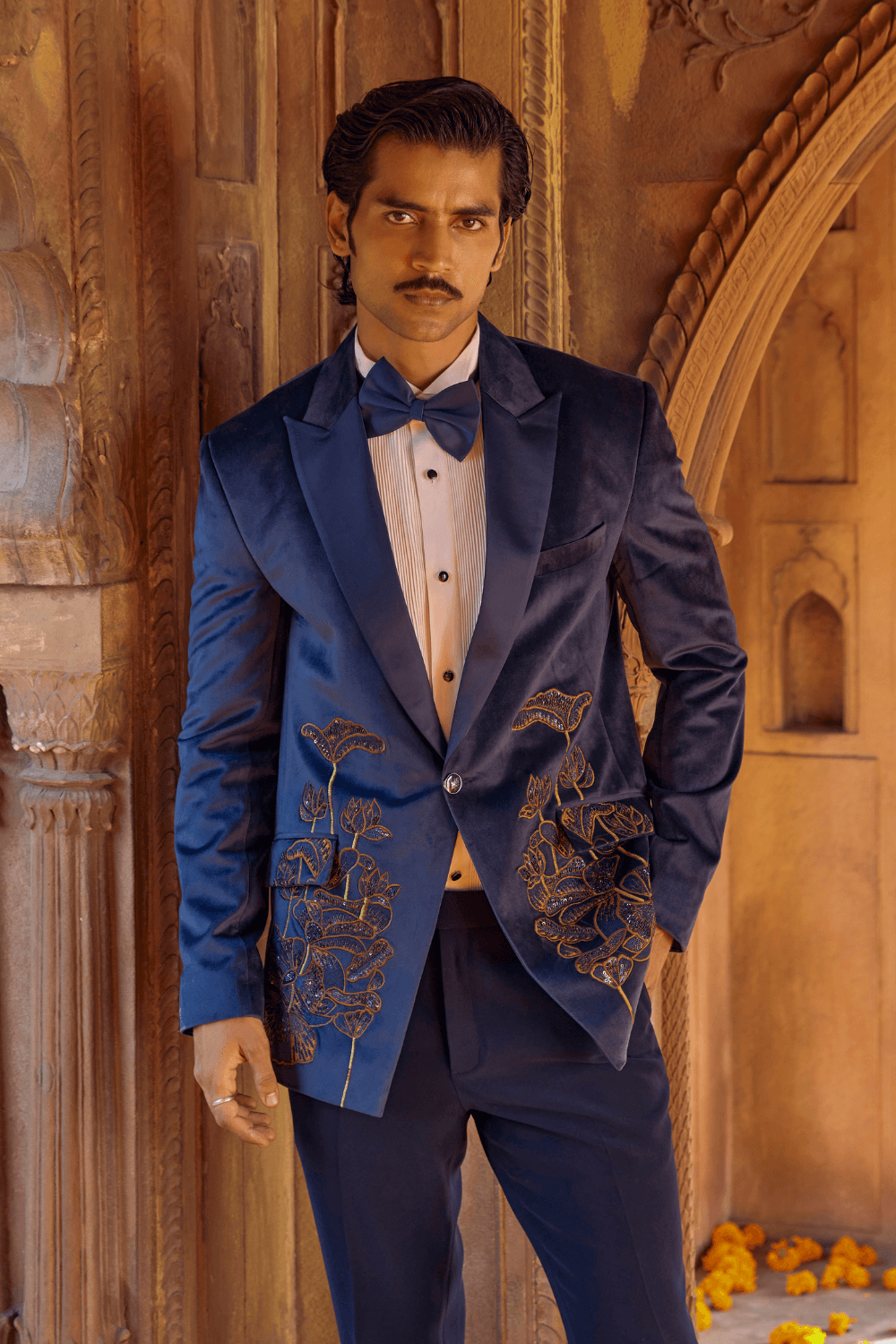 Orient Blue Navy Chanderi Tuxedo - Studio Bagechaa