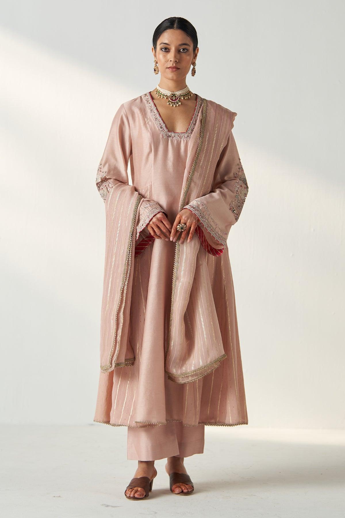 PALAK BLUSH PINK ANARKALI PANT SET - Studio Bagechaa