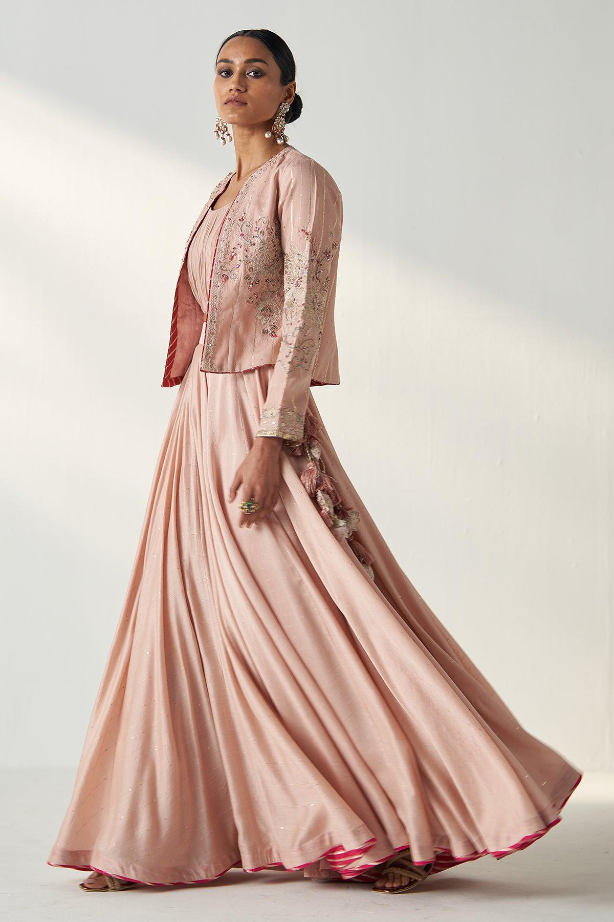 RADHA BLUSH PINK JACKET LEHENGA SET - Studio Bagechaa