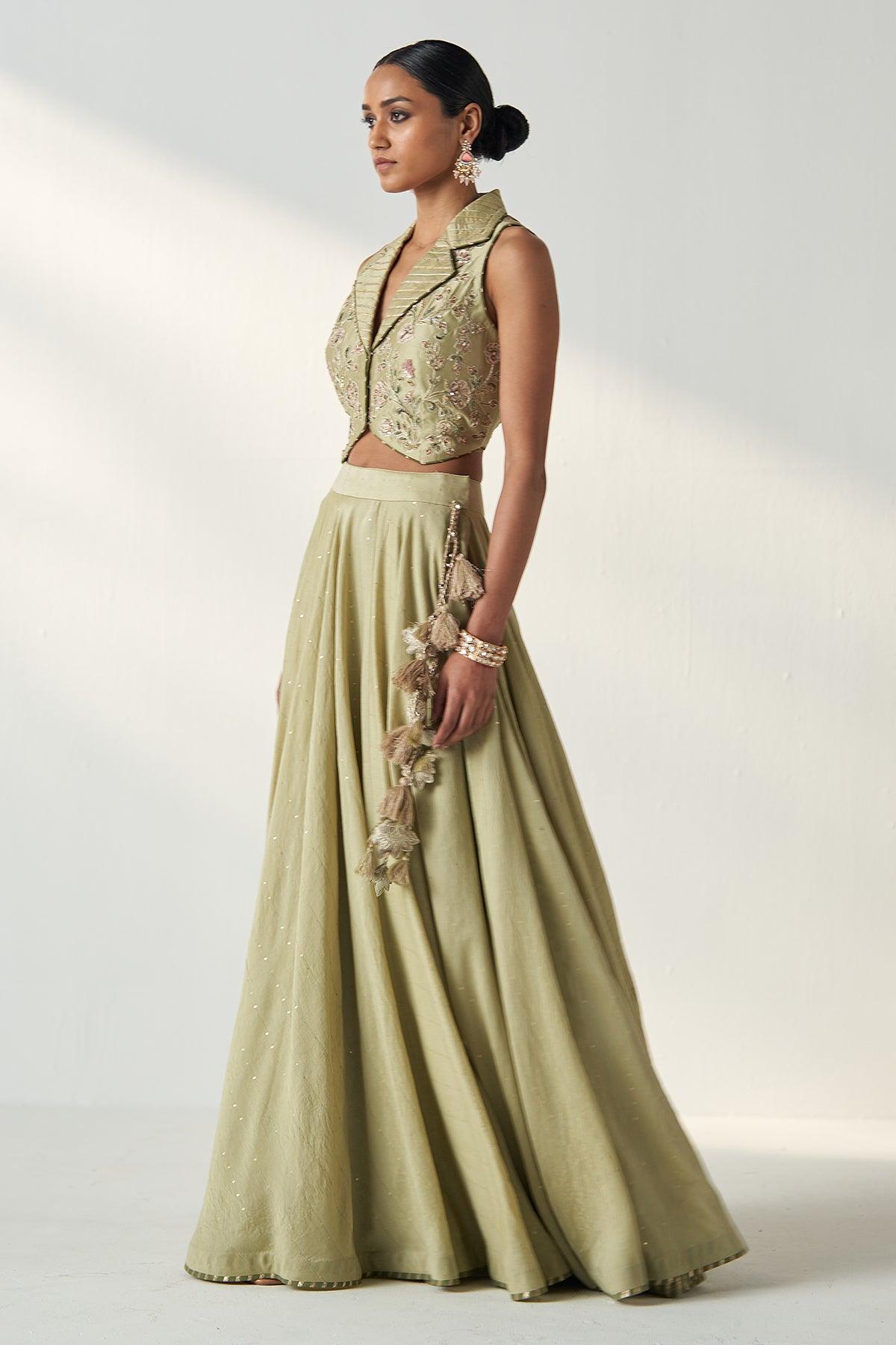 RAJITA GREEN GILET LEHENGA SET - Studio Bagechaa