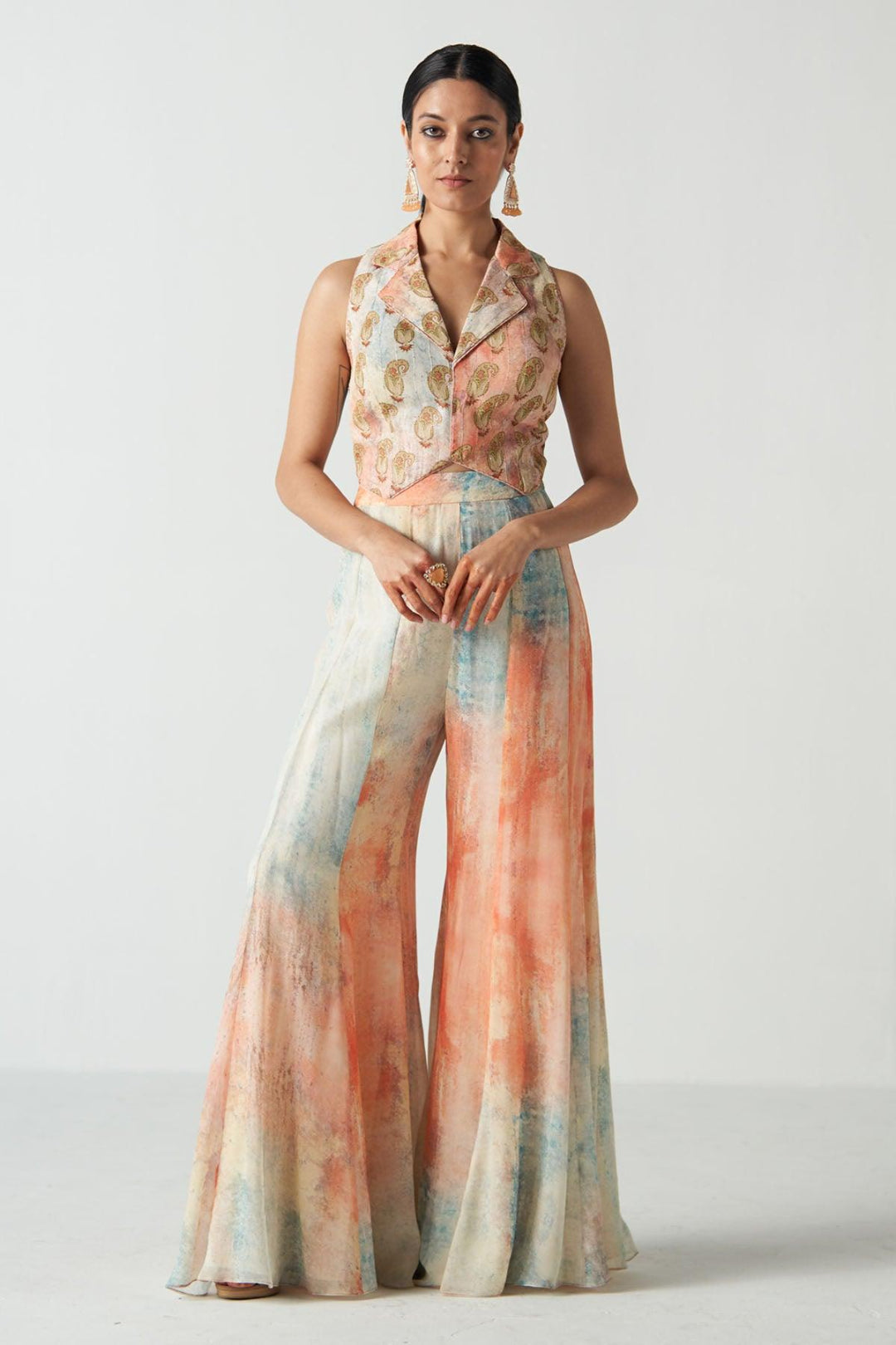 Rasbhari Peach Gilet Sharara Set - Studio Bagechaa