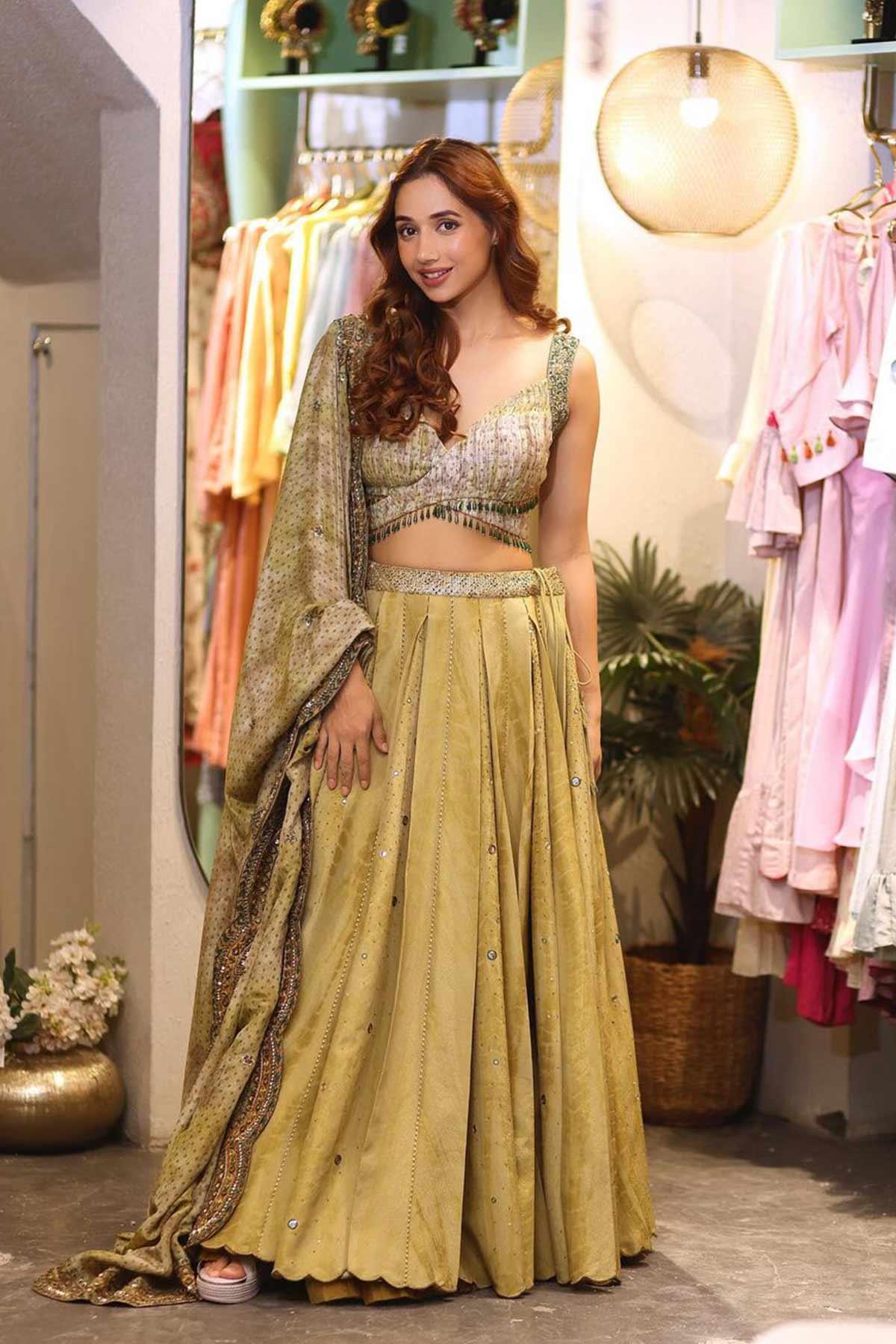 Ria Malhotra in Shaheen Chanderi Bandhani Scalloped Lehenga with Ghungroos - Studio Bagechaa