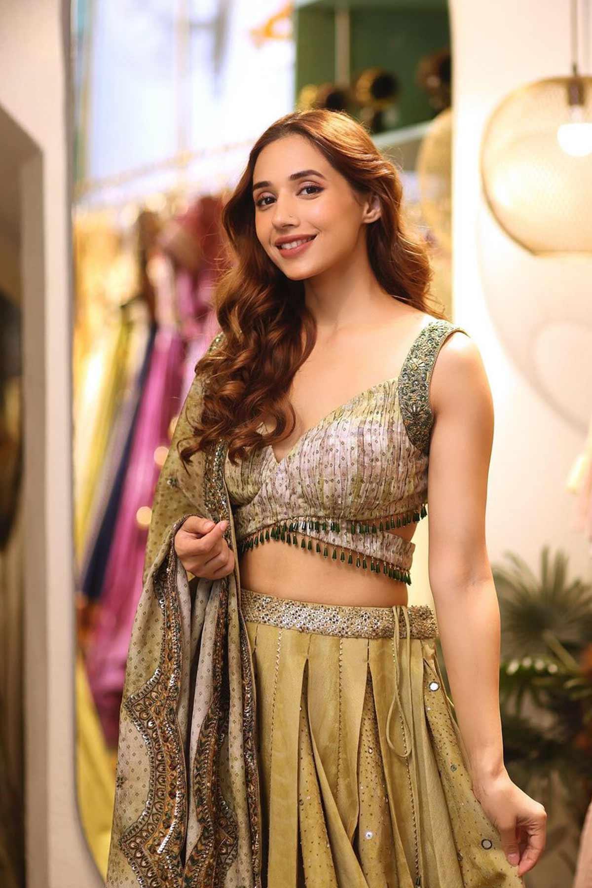 Ria Malhotra in Shaheen Chanderi Bandhani Scalloped Lehenga with Ghungroos - Studio Bagechaa