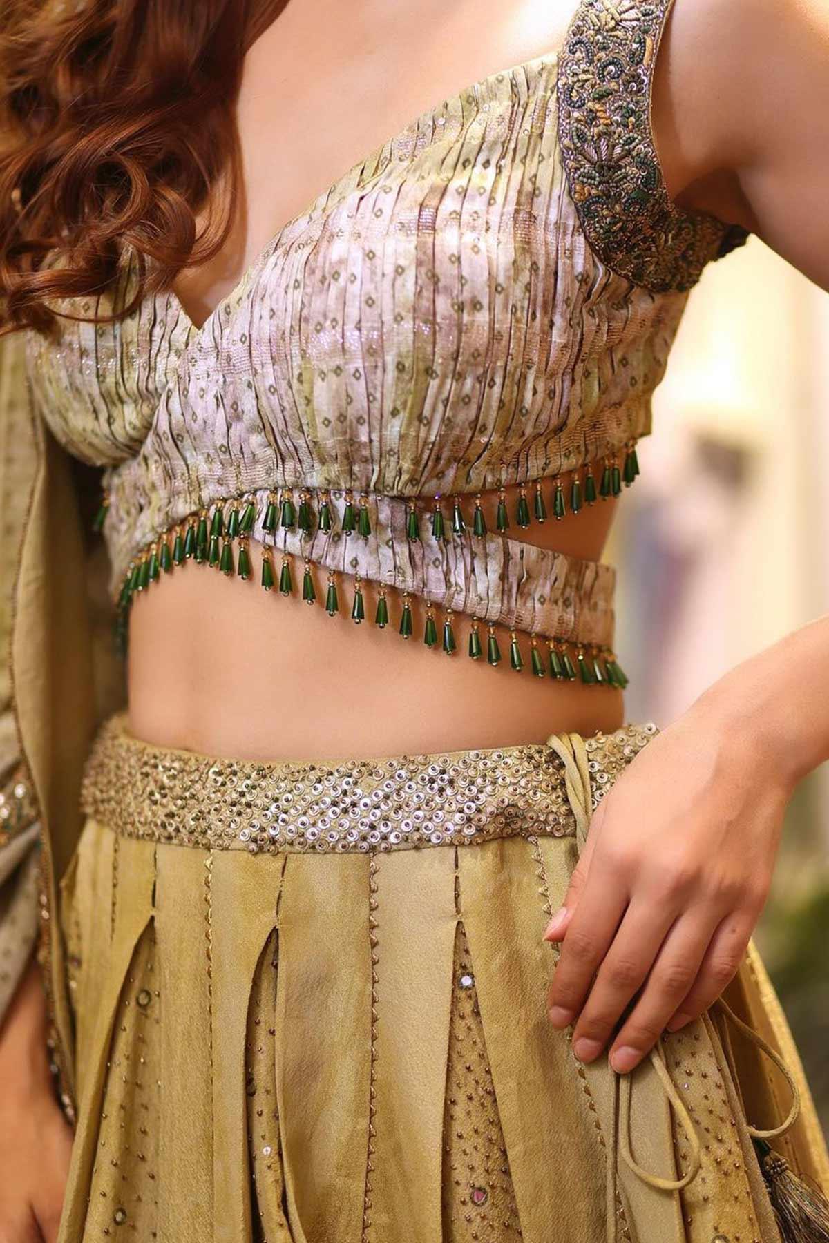 Ria Malhotra in Shaheen Chanderi Bandhani Scalloped Lehenga with Ghungroos - Studio Bagechaa