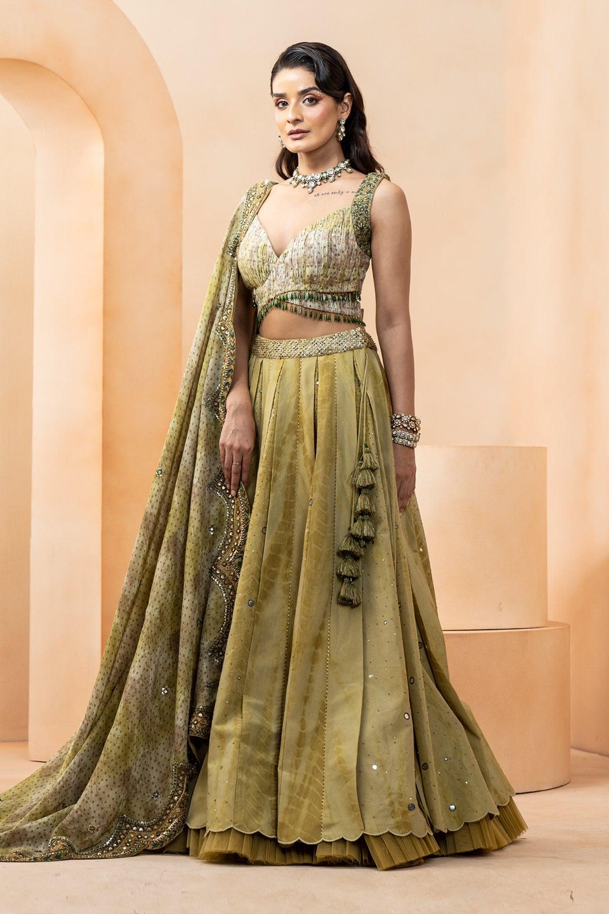 Ria Malhotra in Shaheen Chanderi Bandhani Scalloped Lehenga with Ghungroos - Studio Bagechaa