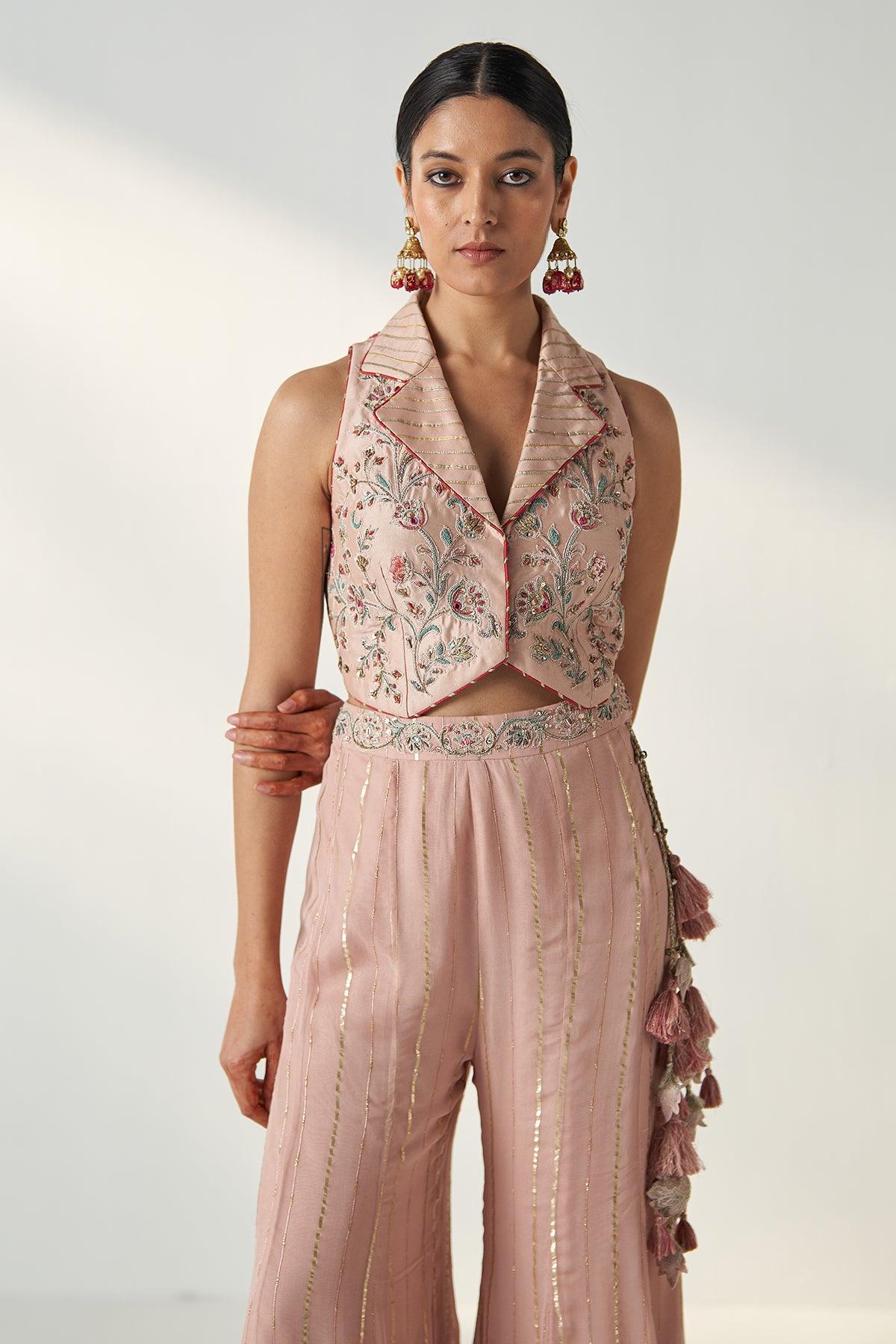 RIDHI BLUSH PINK GILET SHARARA SET - Studio Bagechaa