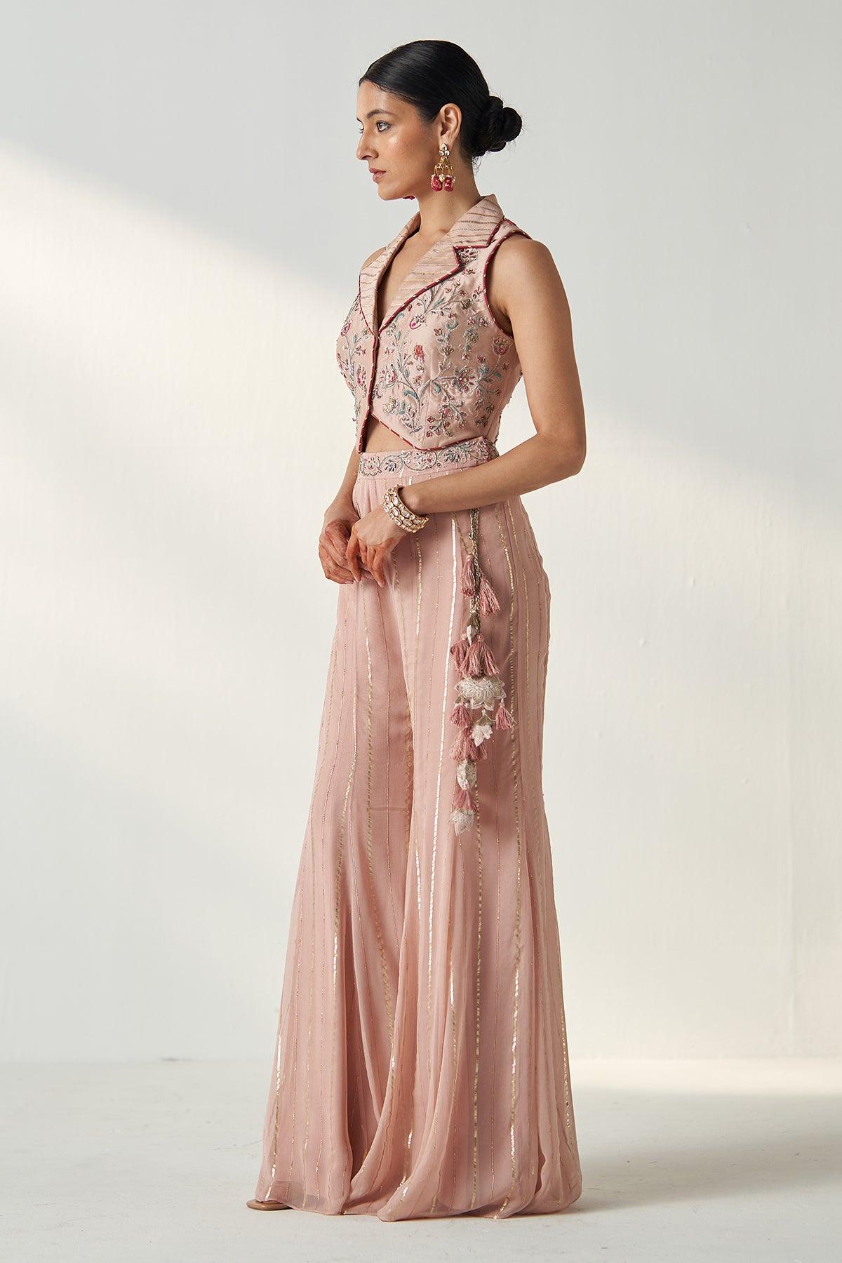 RIDHI BLUSH PINK GILET SHARARA SET - Studio Bagechaa