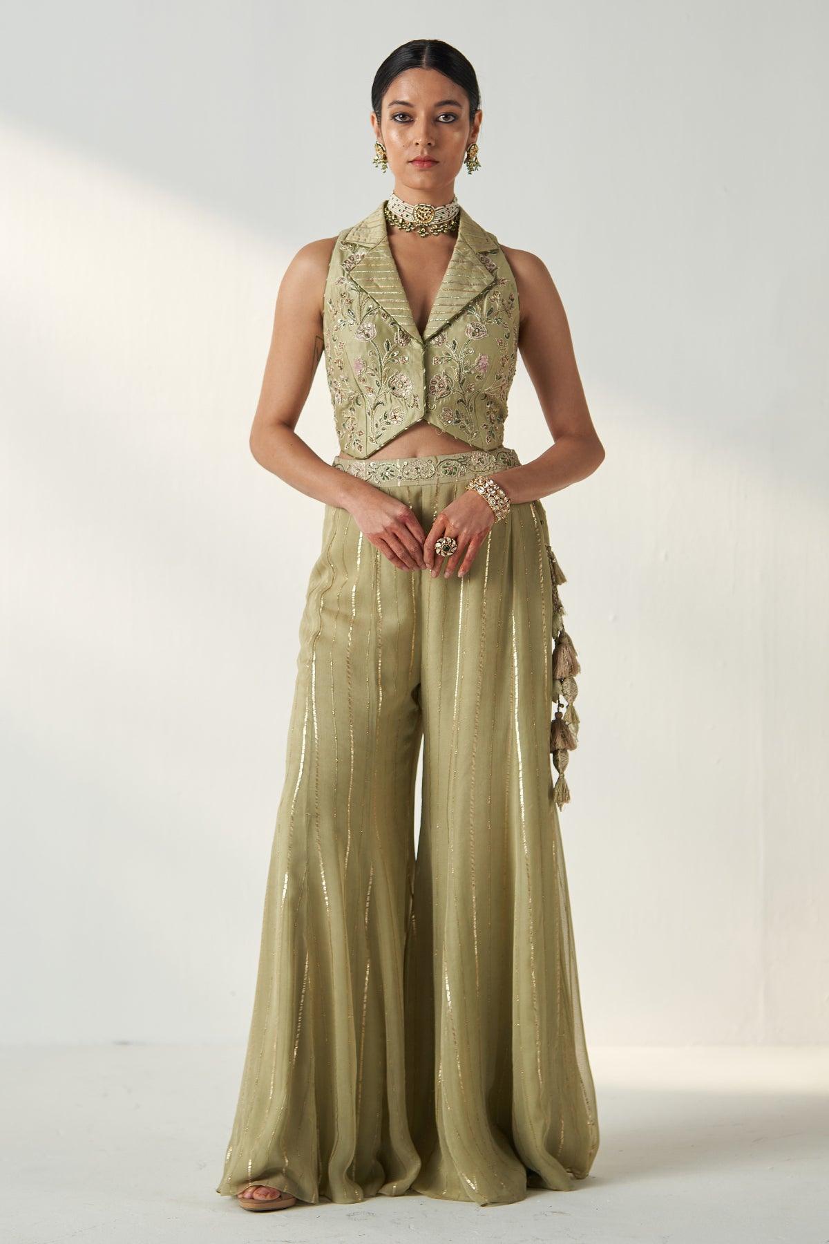 RIDHI GREEN GILET SHARARA SET - Studio Bagechaa