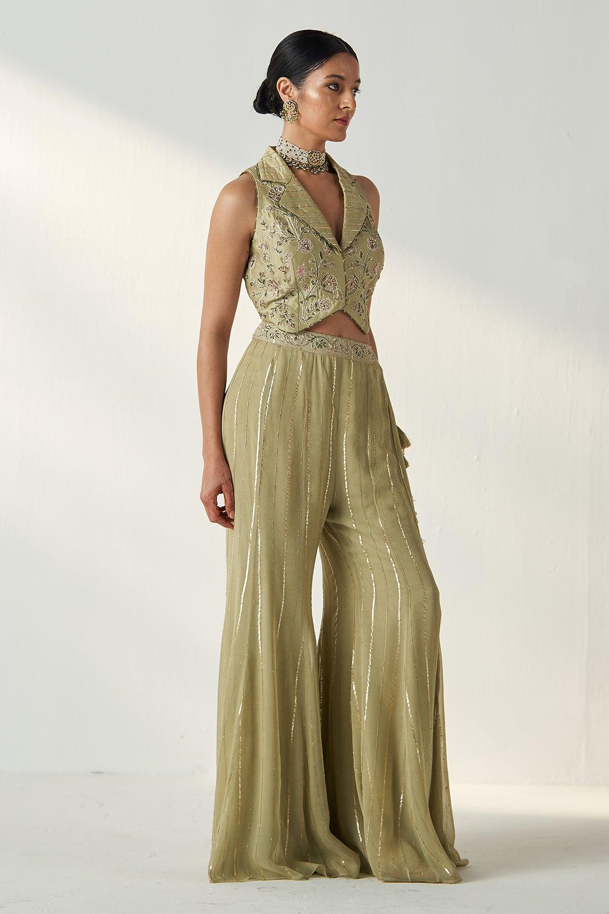 RIDHI GREEN GILET SHARARA SET - Studio Bagechaa