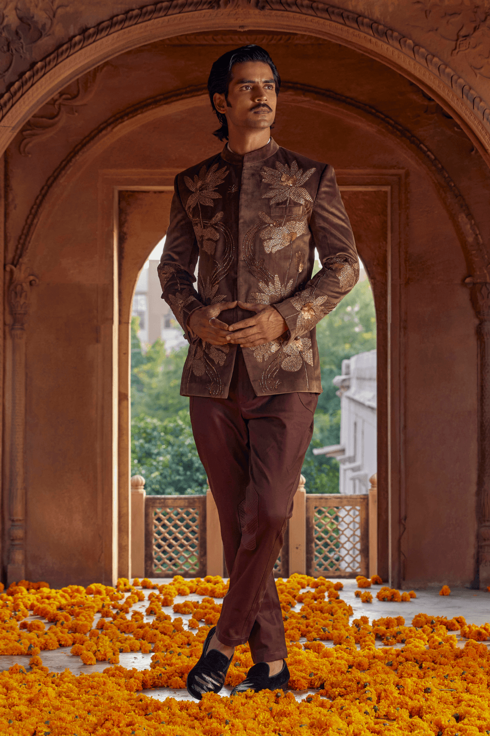Roshan Brown Chanderi Tuxedo - Studio Bagechaa