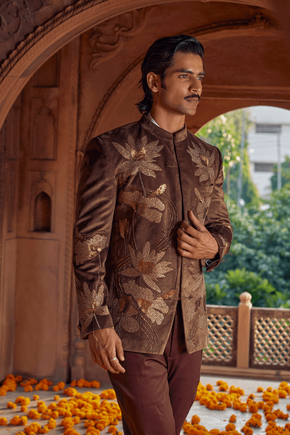 Roshan Brown Chanderi Tuxedo - Studio Bagechaa