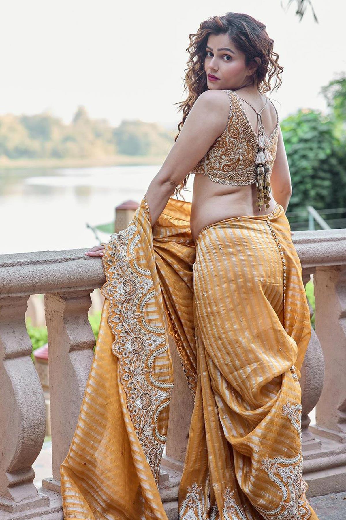Rubina Dalik in Radha Mustard Saree With Handcrafted Dori Border - Studio Bagechaa