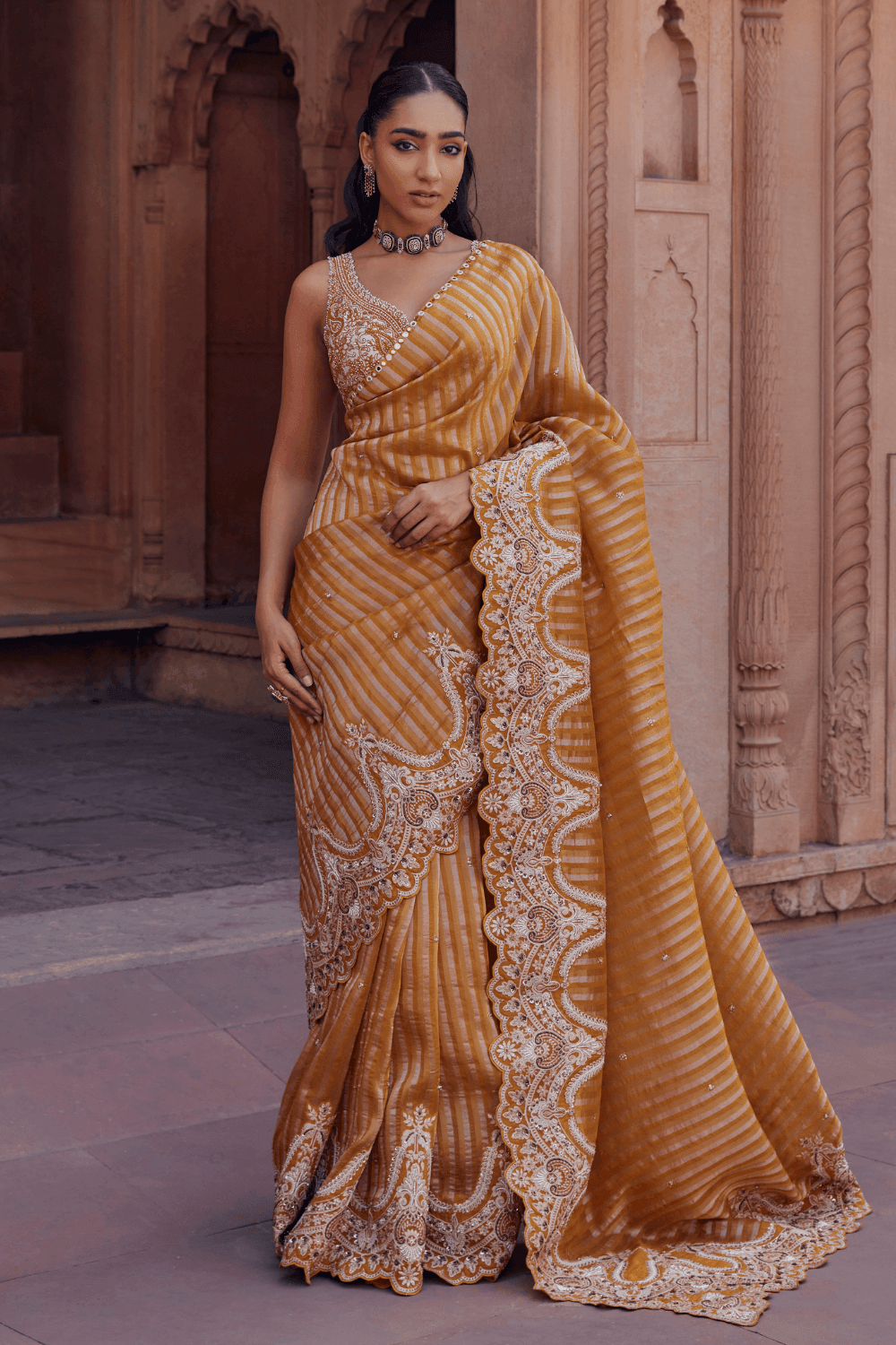 Avneet Kaur in Radha Mustard Saree With Handcrafted Dori Border - Studio Bagechaa