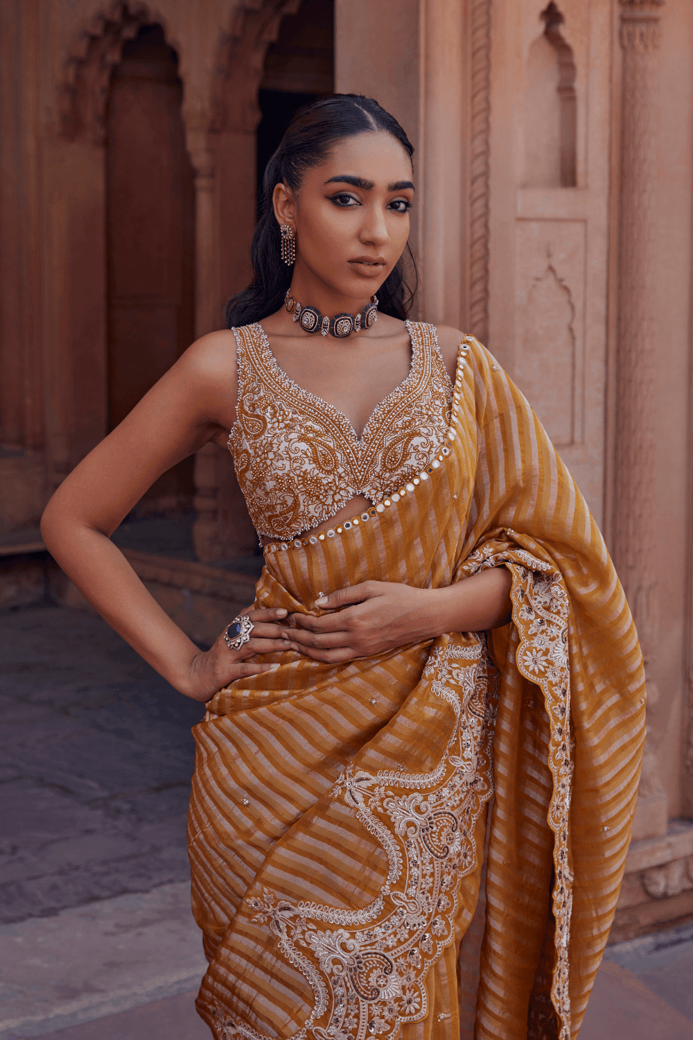 Avneet Kaur in Radha Mustard Saree With Handcrafted Dori Border - Studio Bagechaa