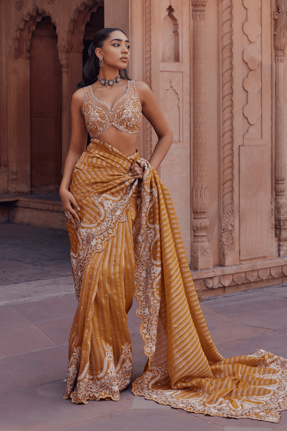Avneet Kaur in Radha Mustard Saree With Handcrafted Dori Border - Studio Bagechaa