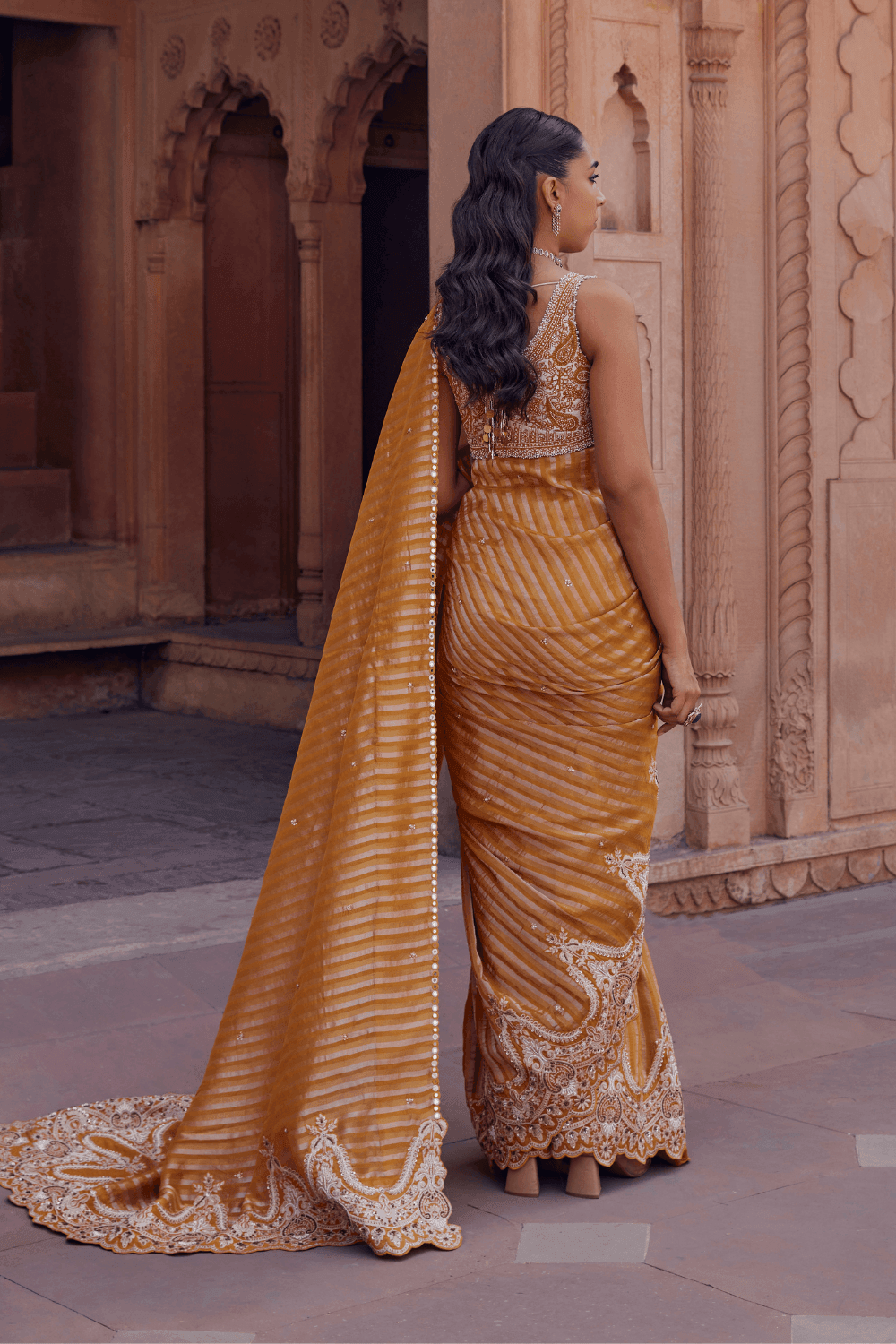 Avneet Kaur in Radha Mustard Saree With Handcrafted Dori Border - Studio Bagechaa