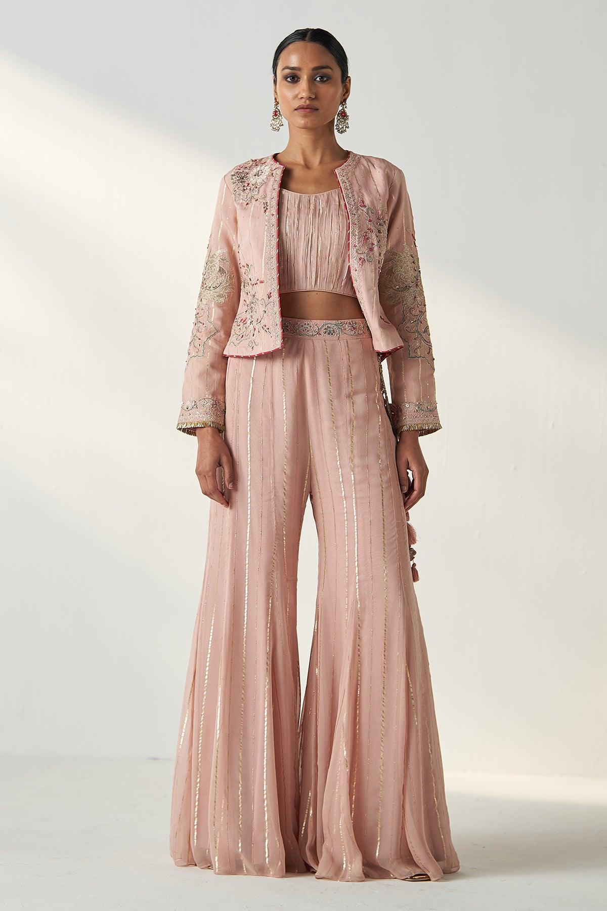 SADHANA BLUSH PINK JACKET SHARARA SET - Studio Bagechaa
