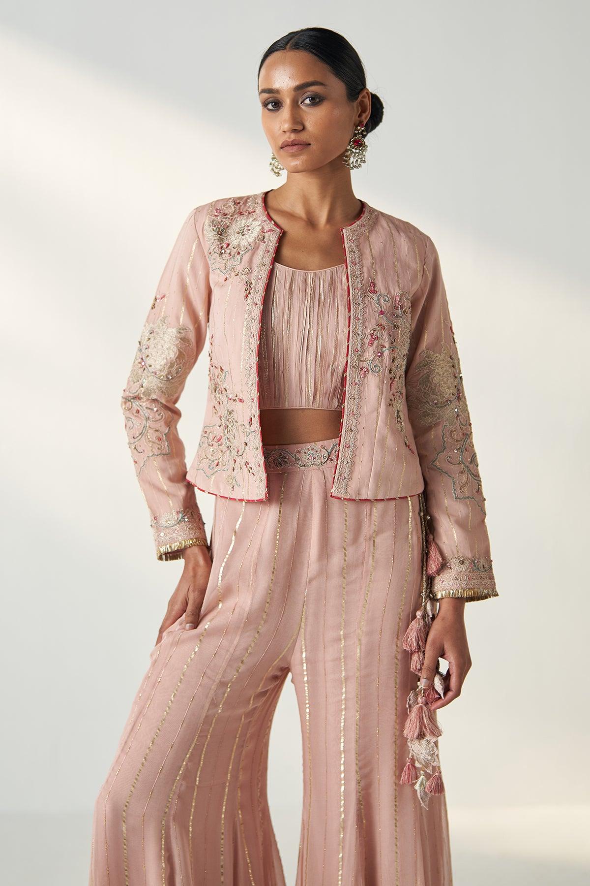 SADHANA BLUSH PINK JACKET SHARARA SET - Studio Bagechaa