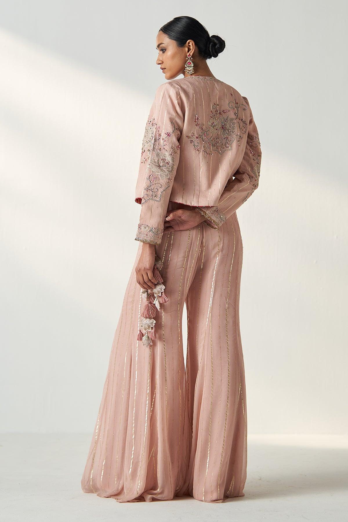 SADHANA BLUSH PINK JACKET SHARARA SET - Studio Bagechaa