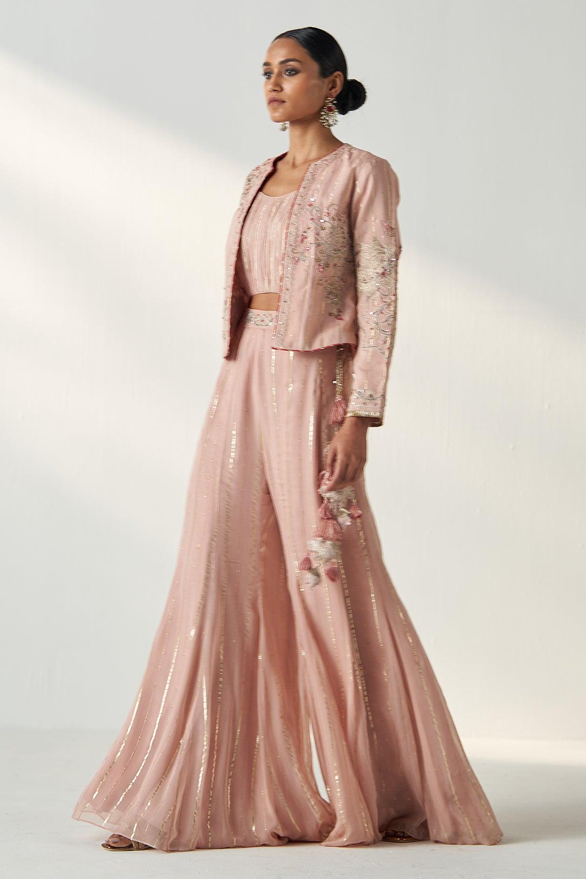 SADHANA BLUSH PINK JACKET SHARARA SET - Studio Bagechaa