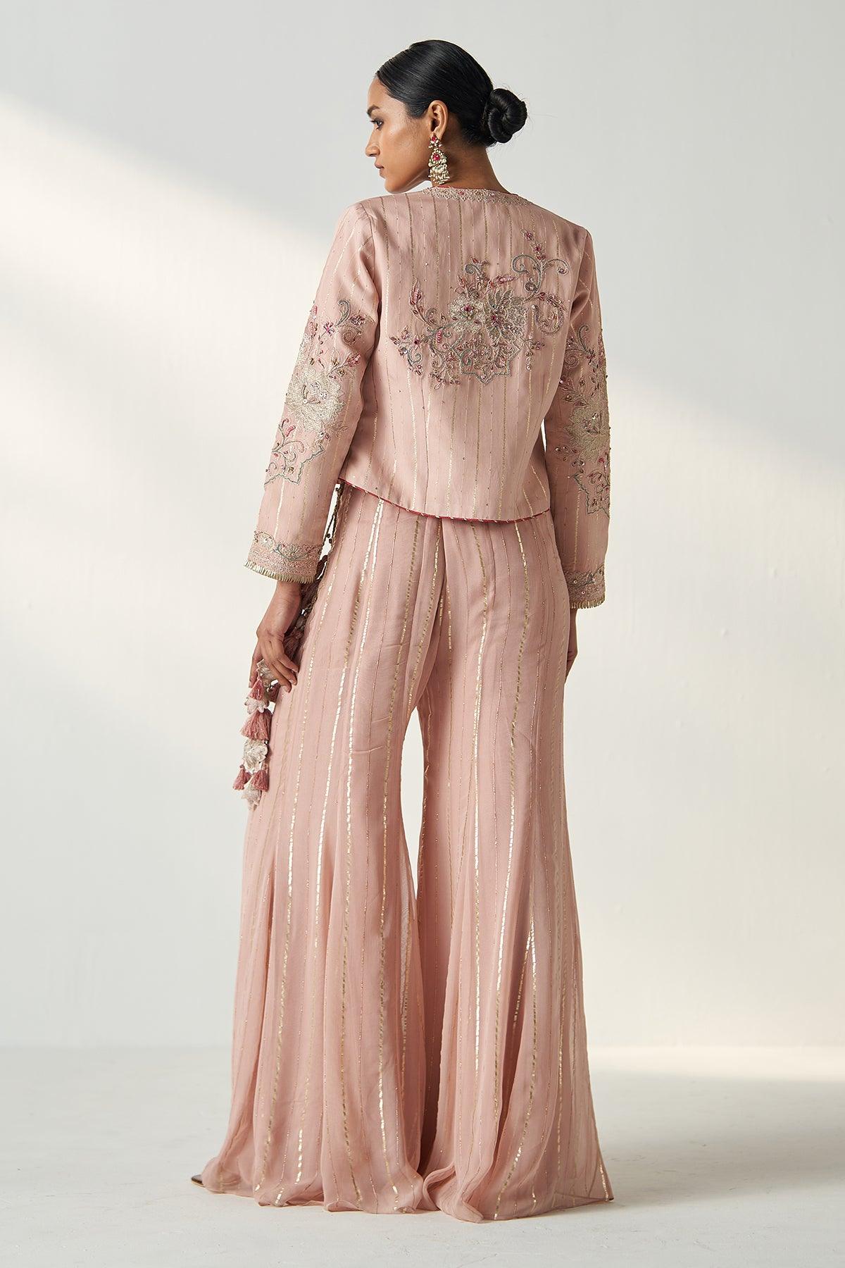 SADHANA BLUSH PINK JACKET SHARARA SET - Studio Bagechaa