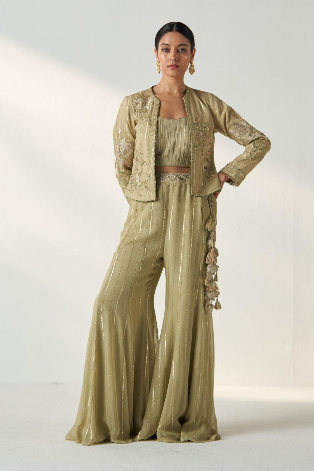 SADHANA GREEN JACKET SHARARA SET - Studio Bagechaa