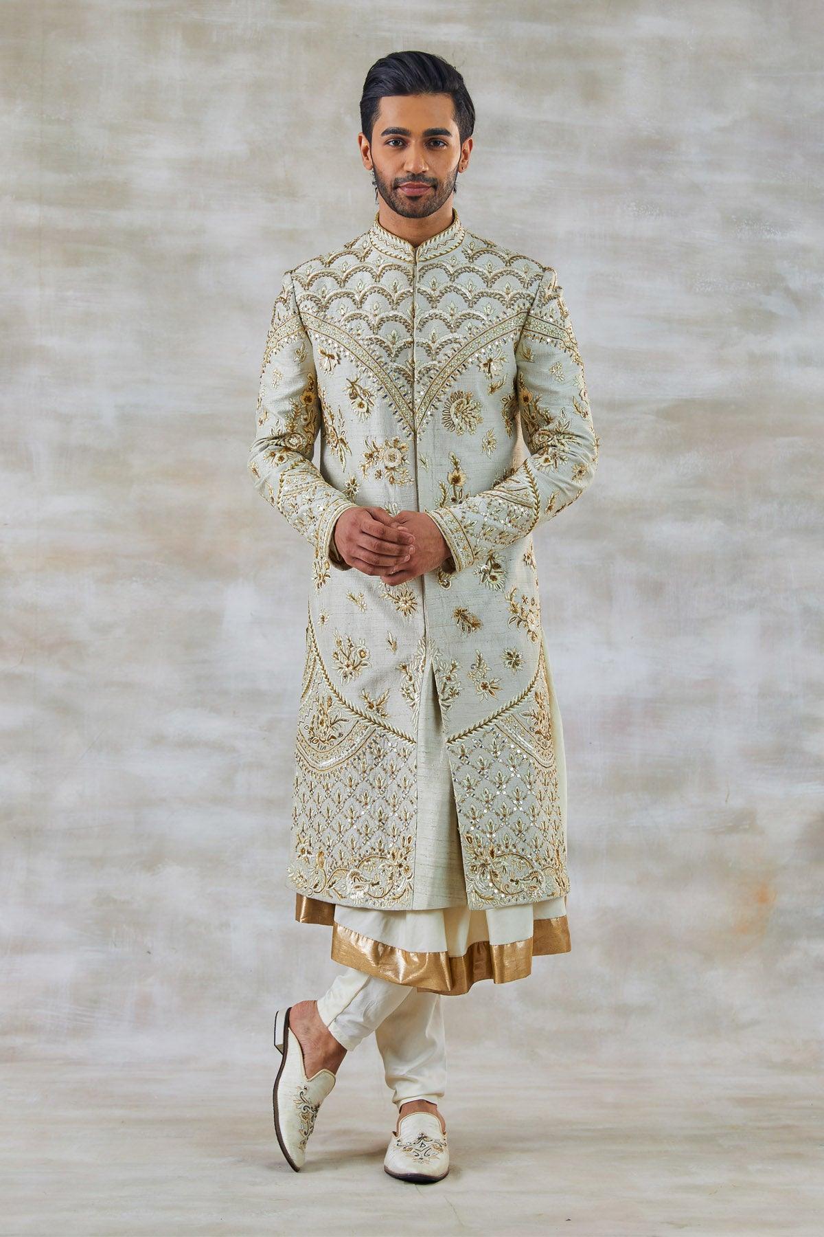 Suave Ivory Sherwani With Zari & Resham work - Studio Bagechaa