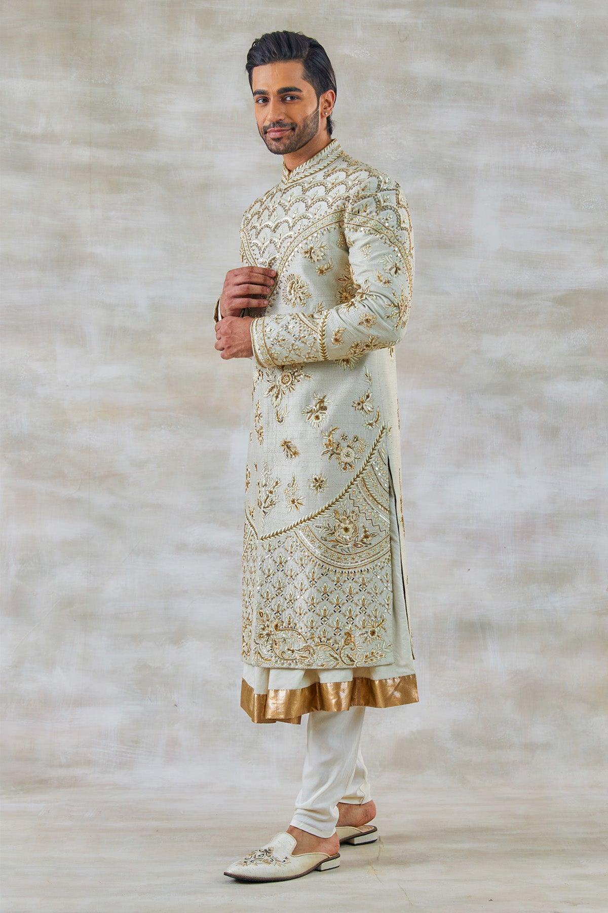 Suave Ivory Sherwani With Zari & Resham work - Studio Bagechaa