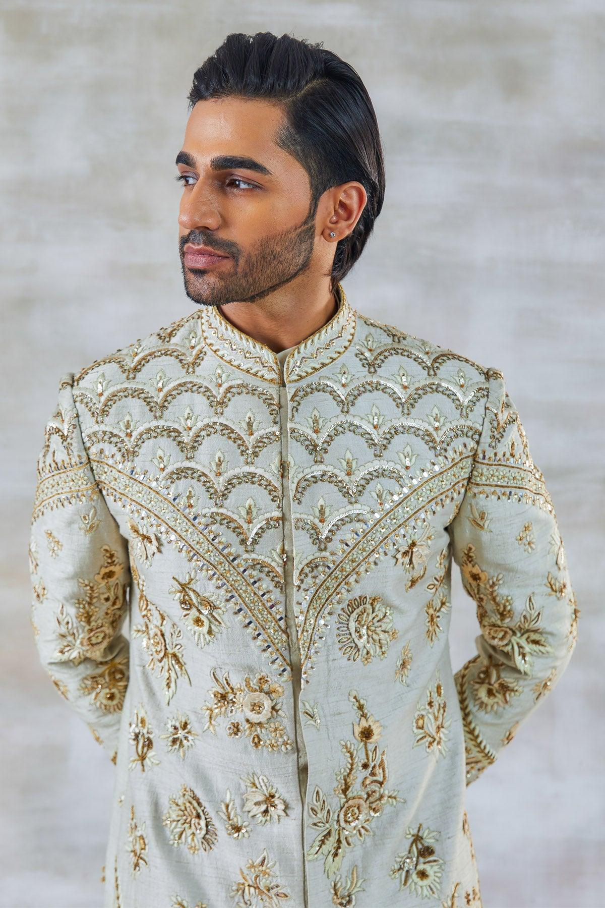 Suave Ivory Sherwani With Zari & Resham work - Studio Bagechaa