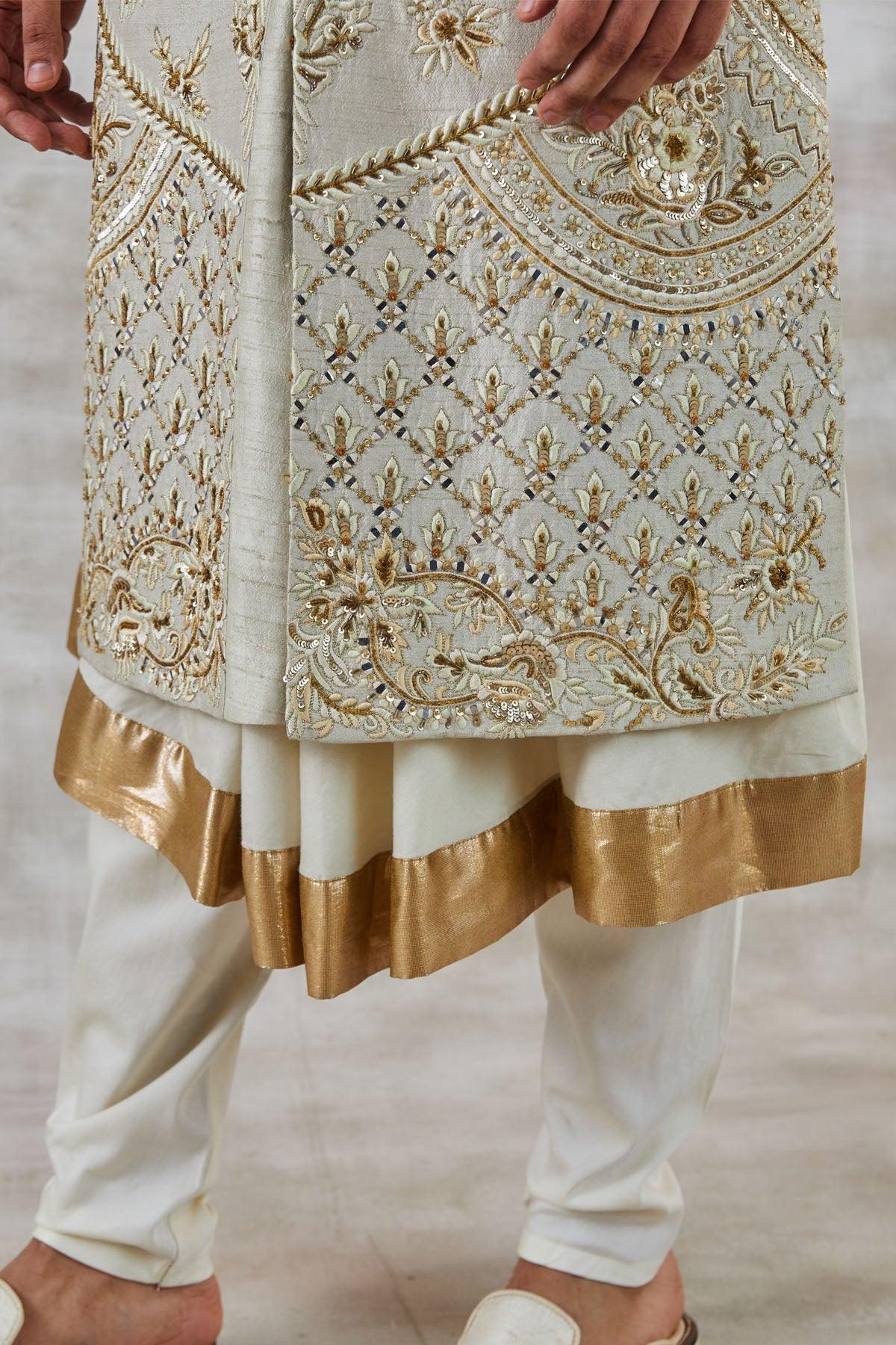 Suave Ivory Sherwani With Zari & Resham work - Studio Bagechaa
