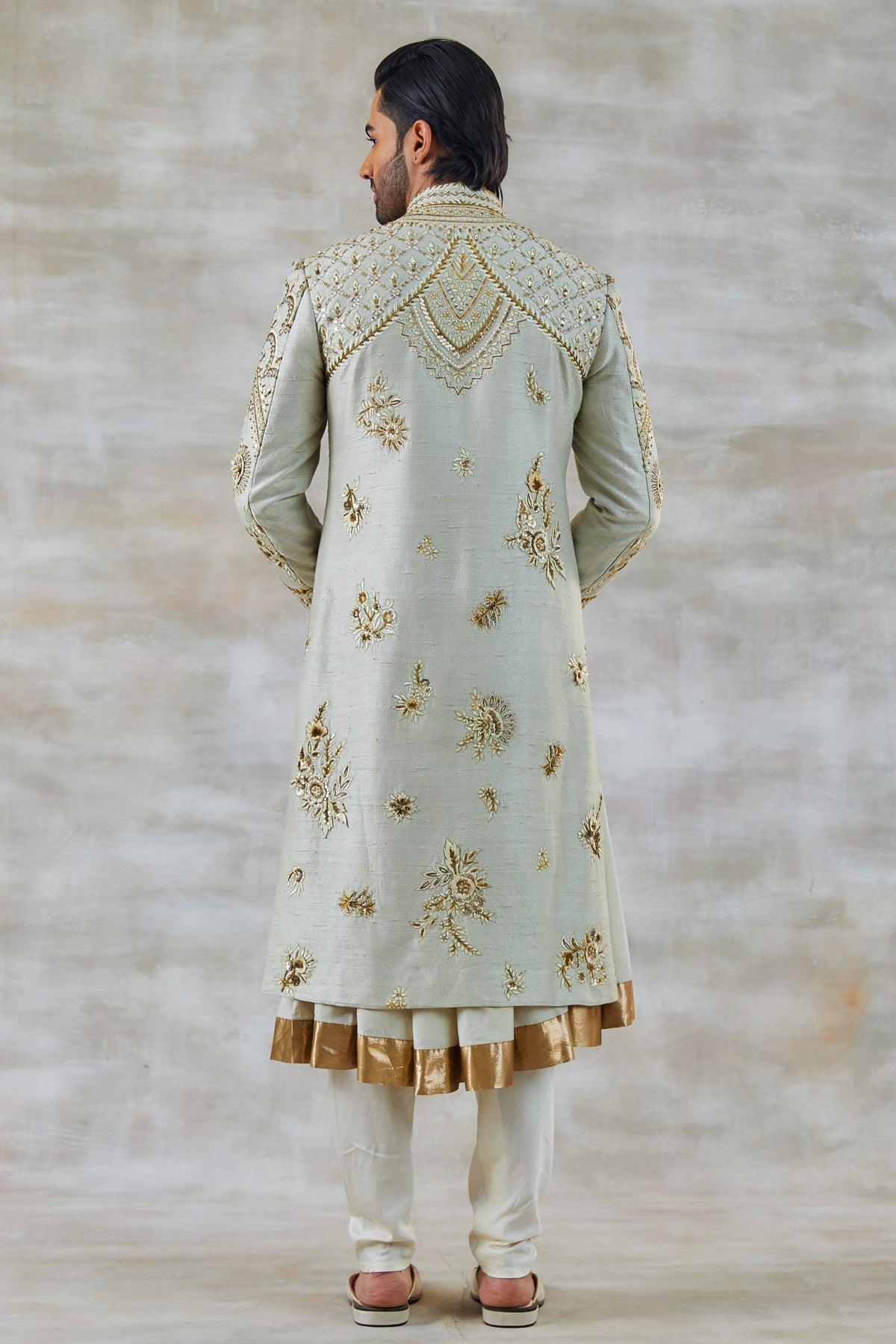 Suave Ivory Sherwani With Zari & Resham work - Studio Bagechaa