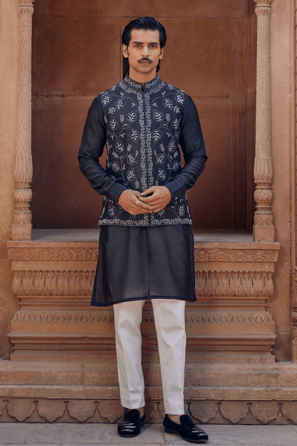 Tassuwur Elegant Black Chanderi Ensemble with Nehru Jacket