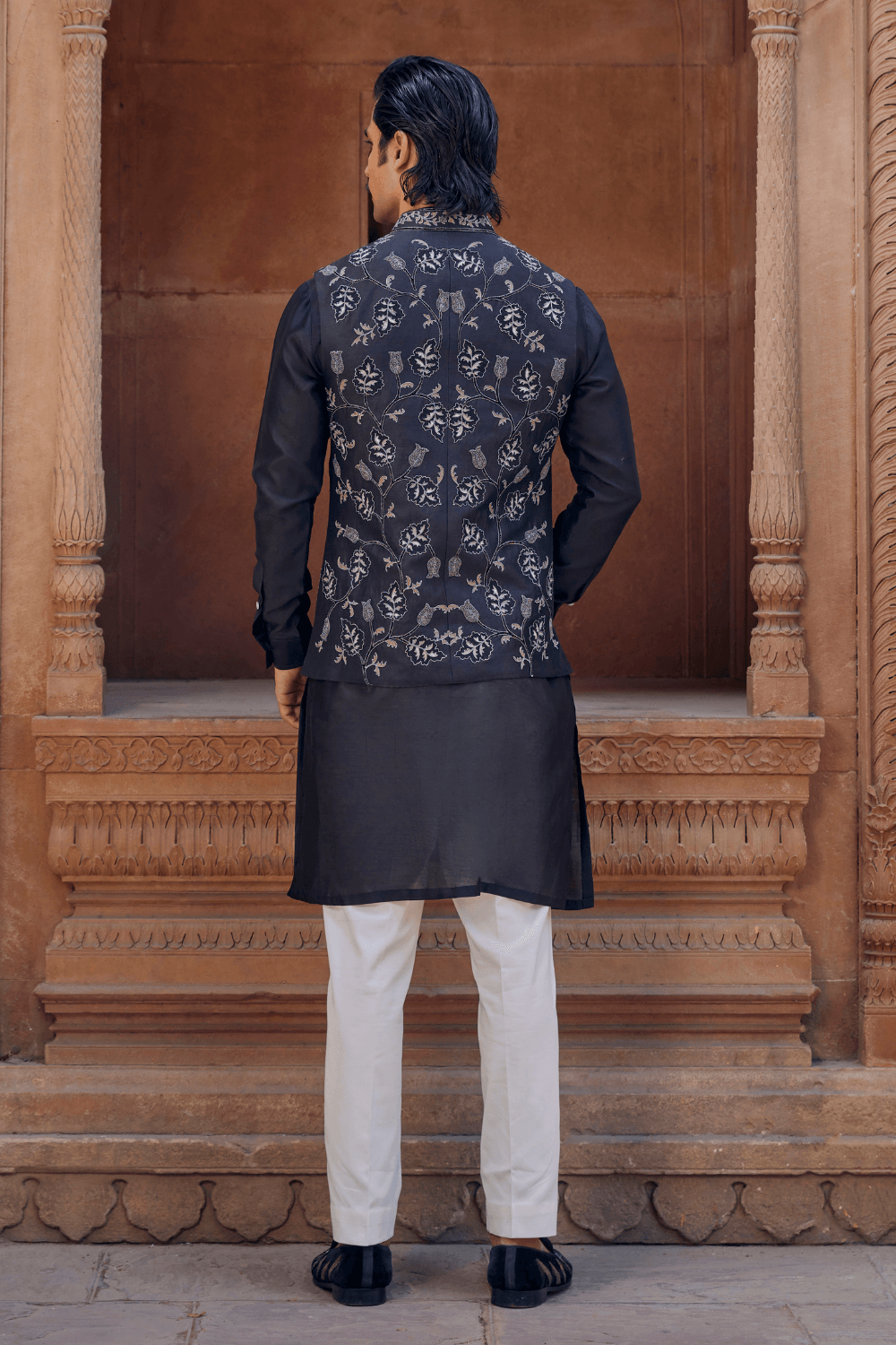 Tassuwur Elegant Black Chanderi Ensemble with Nehru Jacket - Studio Bagechaa