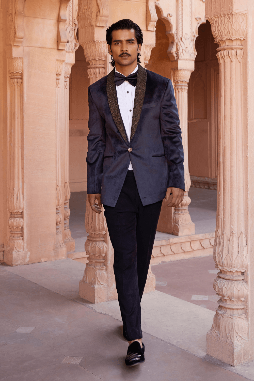 Timeless Blue Black Chanderi Tuxedo With Metal Tikki - Studio Bagechaa