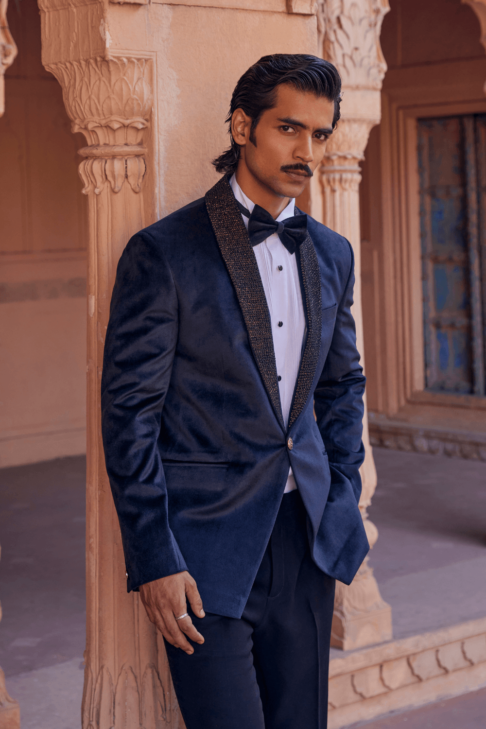 Timeless Blue Black Chanderi Tuxedo With Metal Tikki - Studio Bagechaa