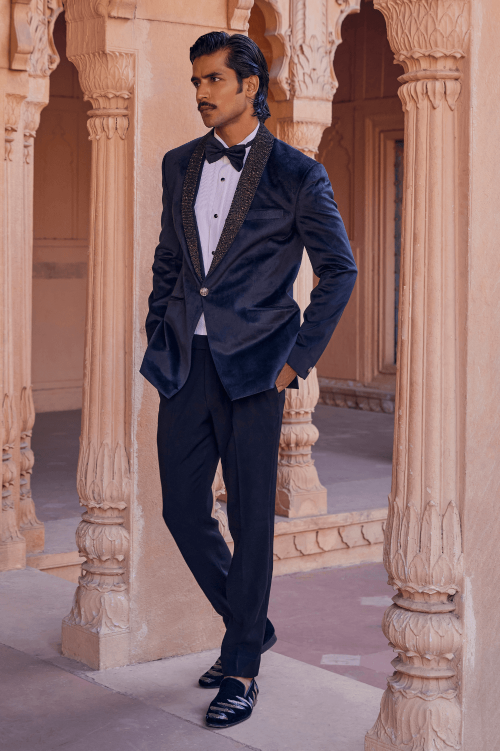 Timeless Blue Black Chanderi Tuxedo With Metal Tikki - Studio Bagechaa