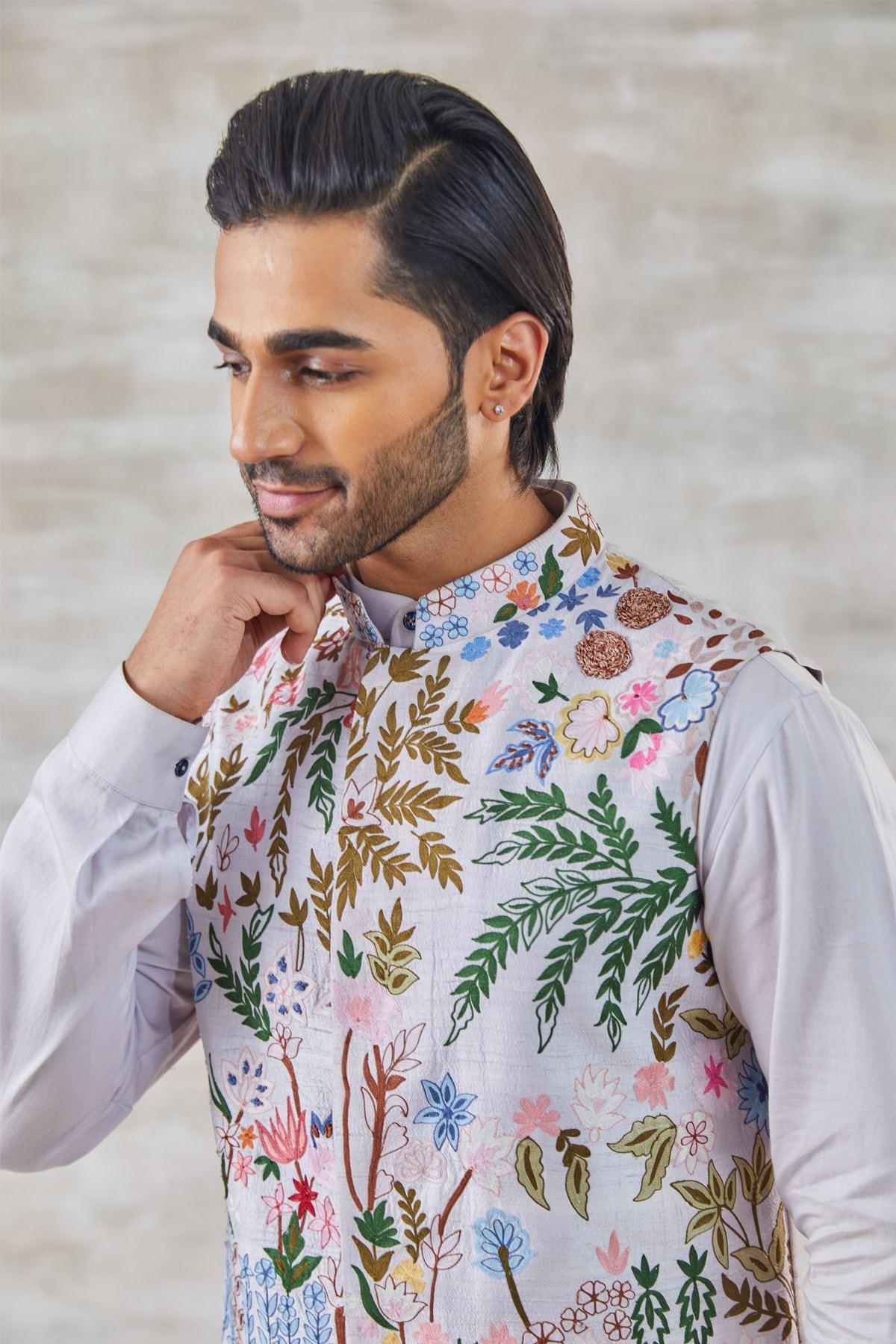Vivacious Lilac Garden Reverie Threadwork Nehru Jacket - Studio Bagechaa