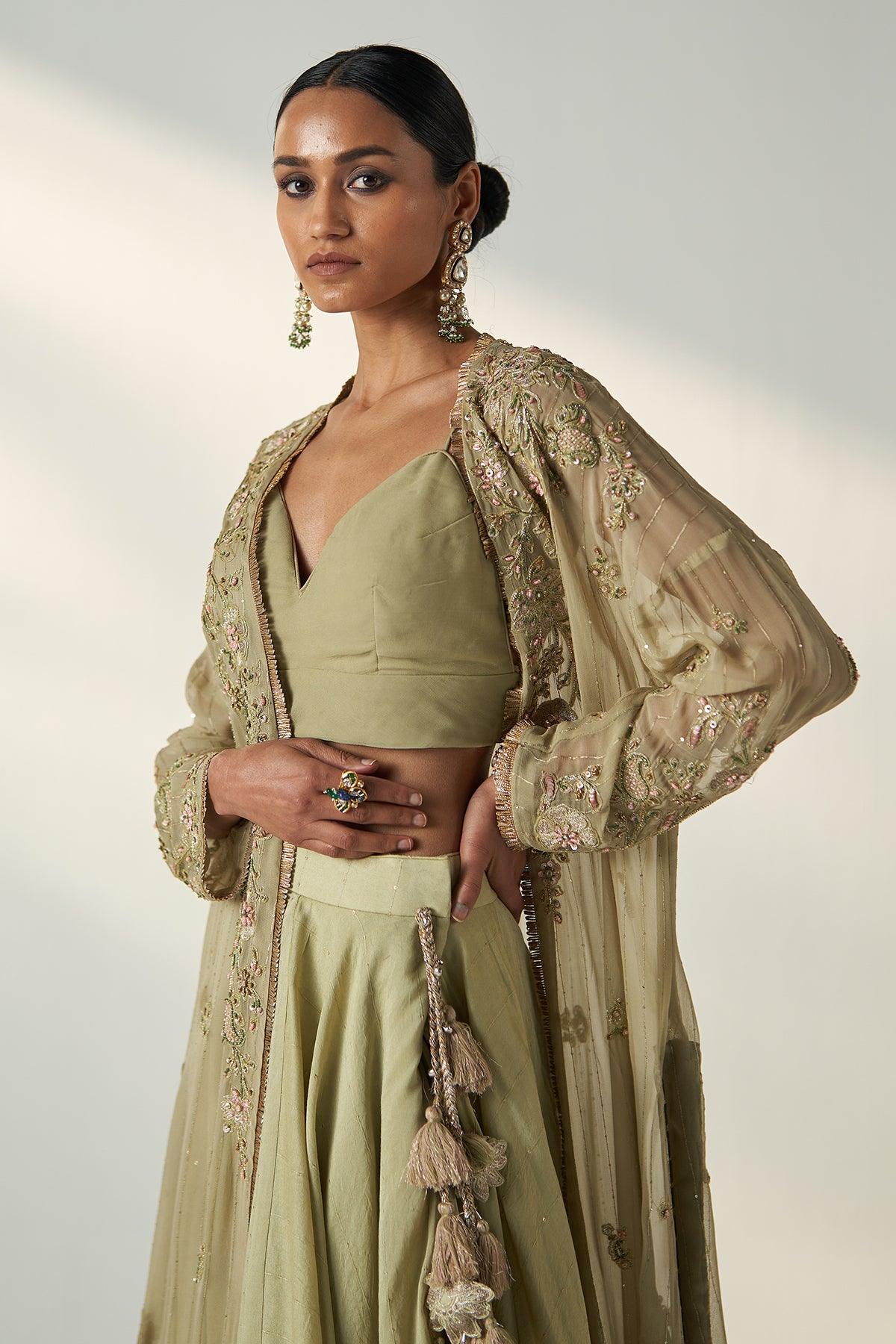 ZOYA GREEN CAPE LEHENGA SET - Studio Bagechaa