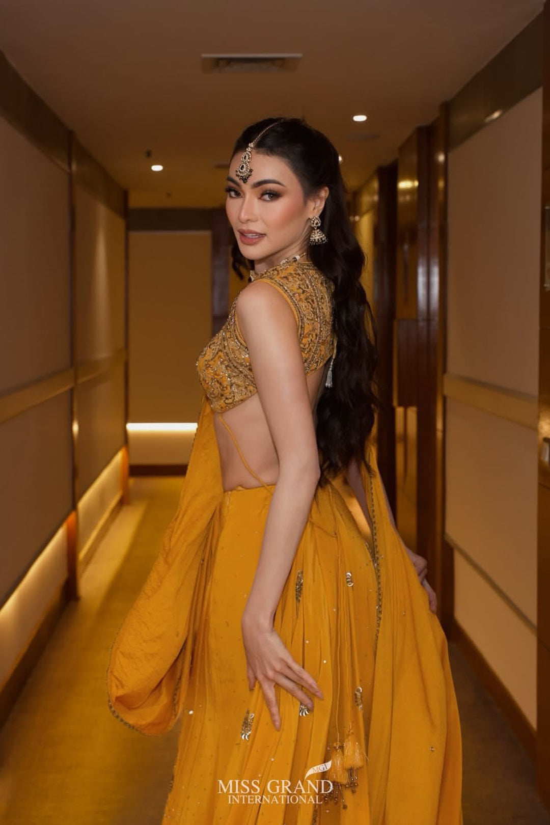 Emma Tiglao In Pihu Mustard Saree With Khichdi Sequence Work