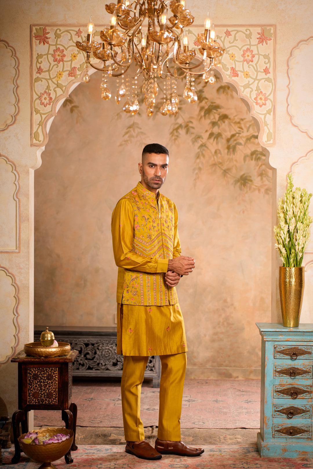 VEER GREENISH YELLOW NEHRU JACKET  SET