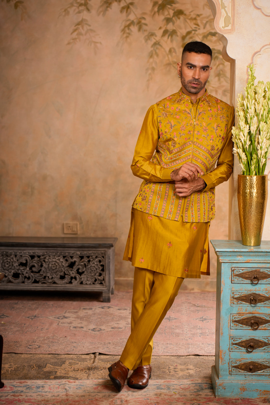 VEER GREENISH YELLOW NEHRU JACKET  SET
