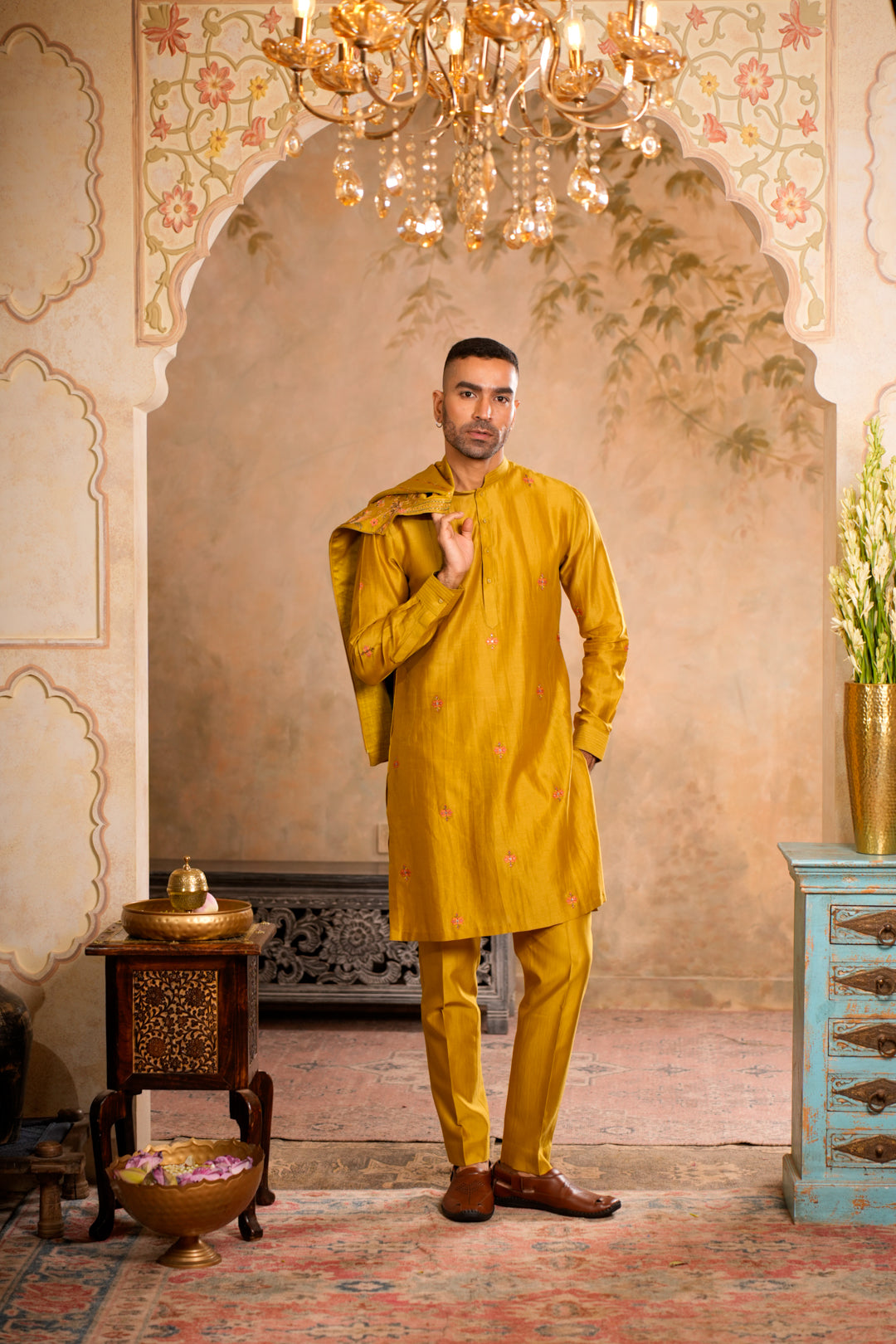 VEER GREENISH YELLOW NEHRU JACKET  SET
